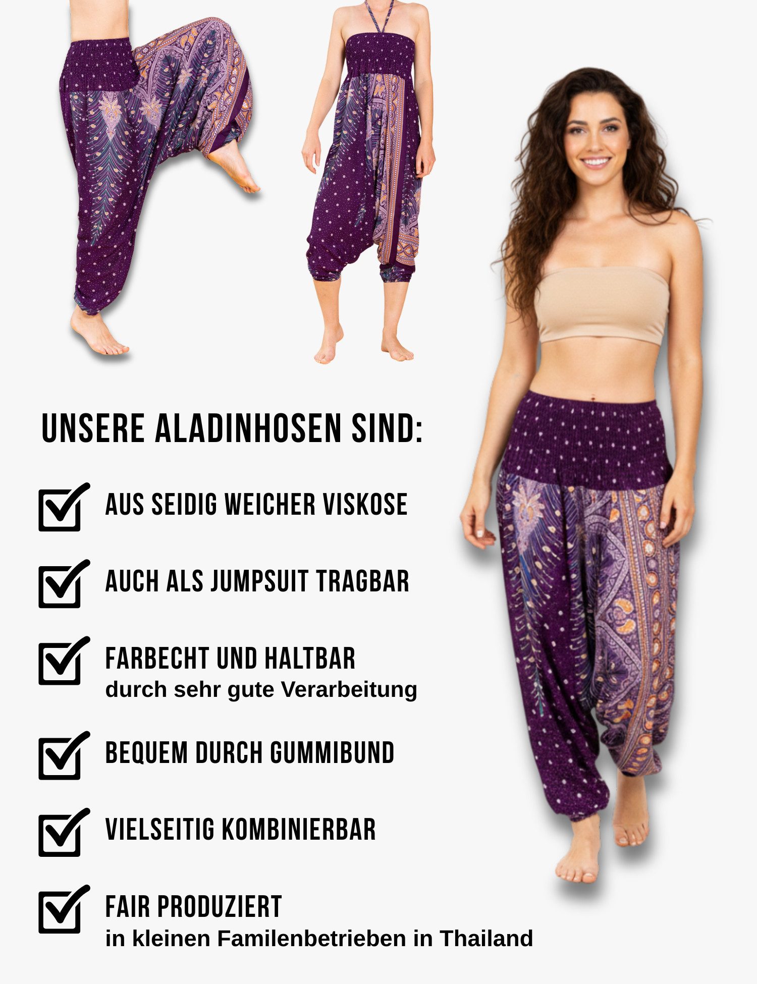 PANASIAM Haremshose Aladinhose im schönen Peacock Design Haremshose aus 100% natürlicher Viskose auch als Overall tragbar Damen Pumphose bequeme Freizeithose