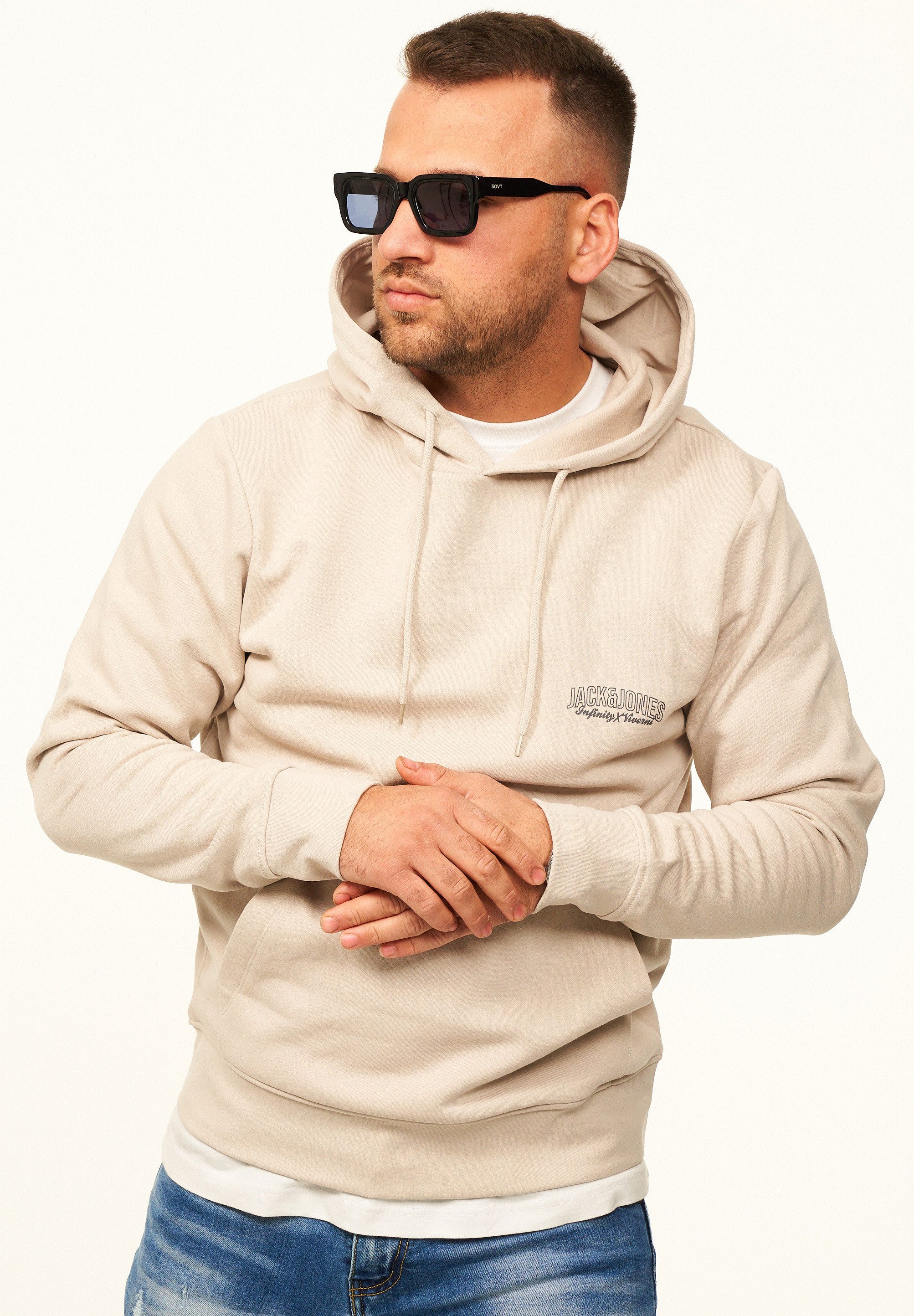 Jack & Jones Hoodie Pullover als Kapuzenpullover im Regular Fit - Sweatshirt für Herren Männer Sweatpullover mit Logo-Print aus Baumwollmischung