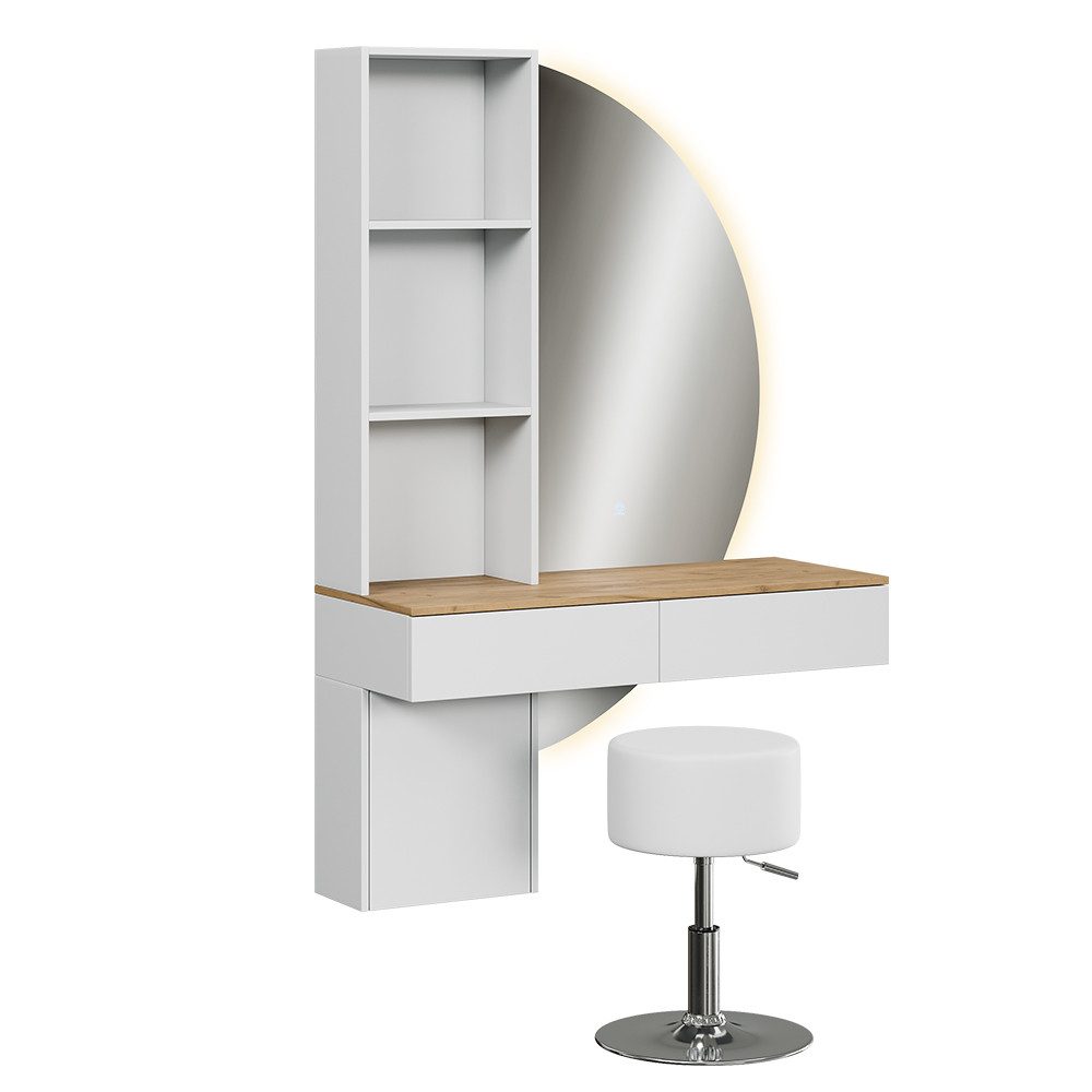 Vicco Schminktisch Melora, Weiß/Eiche, 100 cm mit LED-Spiegel und Hocker (3-St)