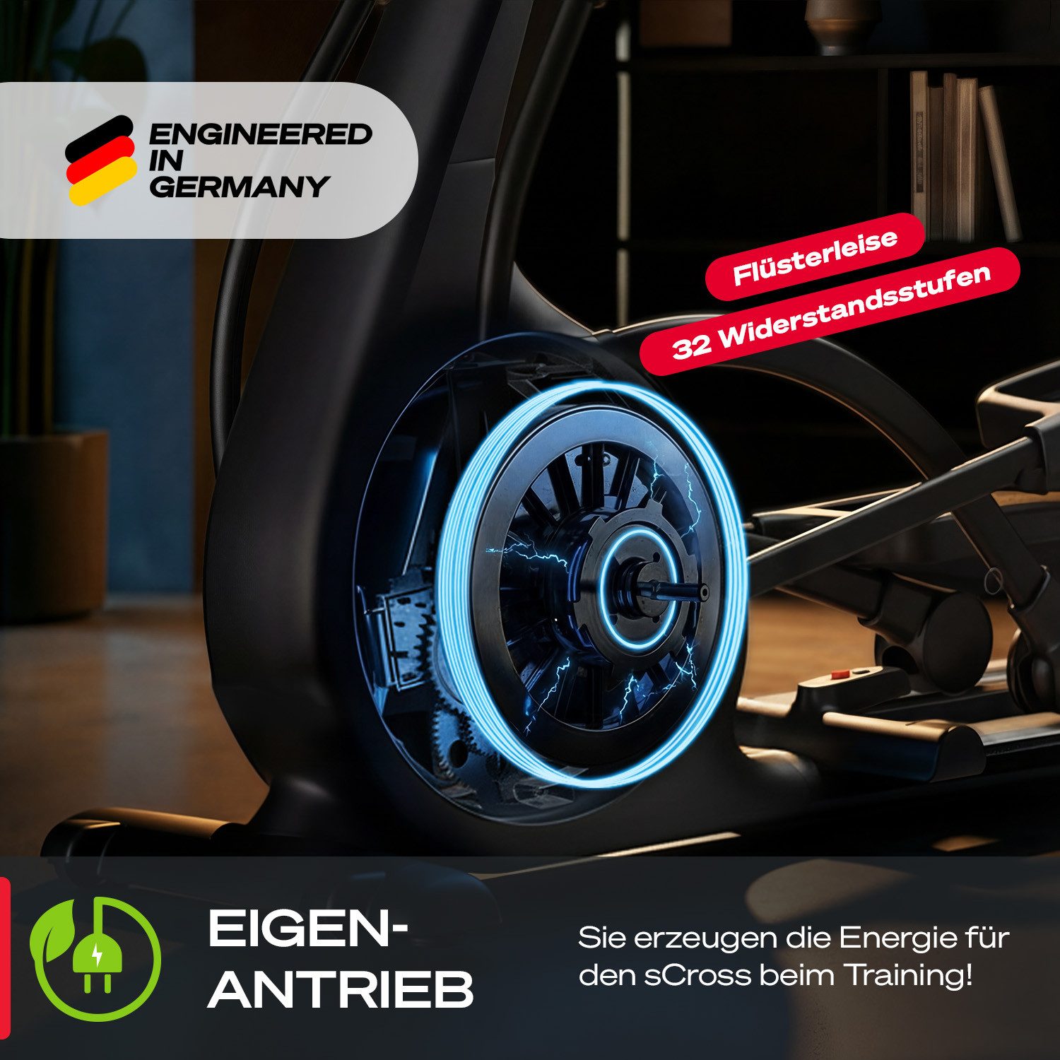 Sportstech Crosstrainer sCross, Transportrollen, motorisiert Magnetbremssystem, 32 Widerstandsstufen