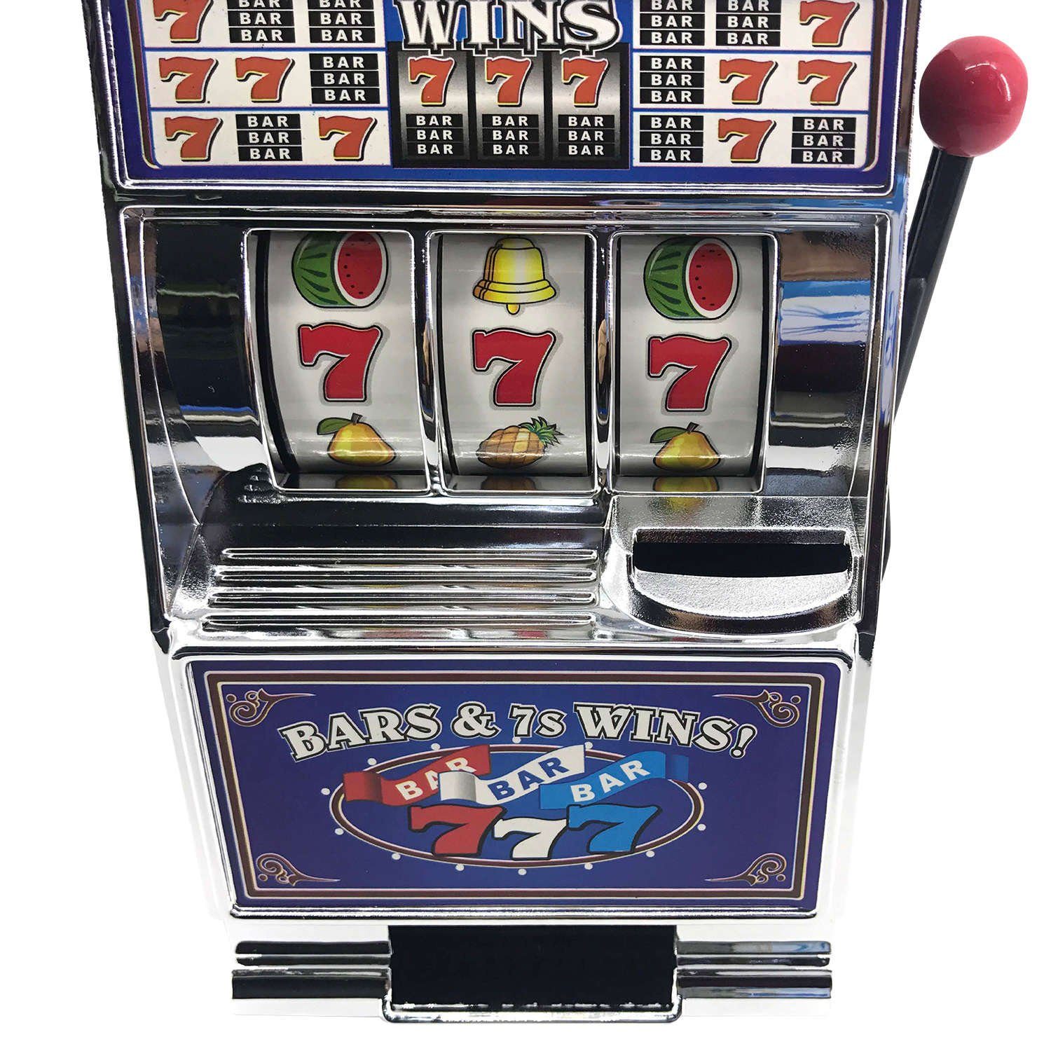 Goods+Gadgets Spardose Einarmiger Bandit Spardose–Slot Machine Geldautomat mit Licht & Sound, (Sparschwein), Geldspiel-Automat Slot Machine Glücksspiel-Automat – Bild 4 von 5