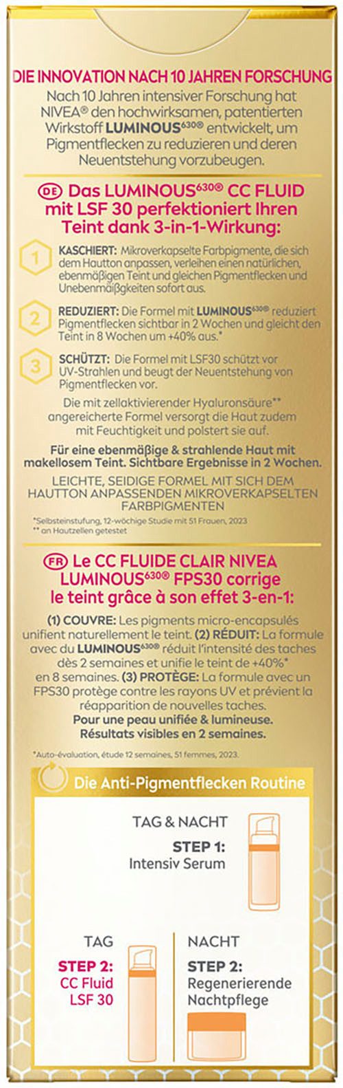 Nivea Gesichtsfluid LUMINOUS630 Anti-Pigmentflecken CC Fluid 3in1 Hell LSF 30, Passt sich dem Hautton an, ebenmäßiges Ergebnis.