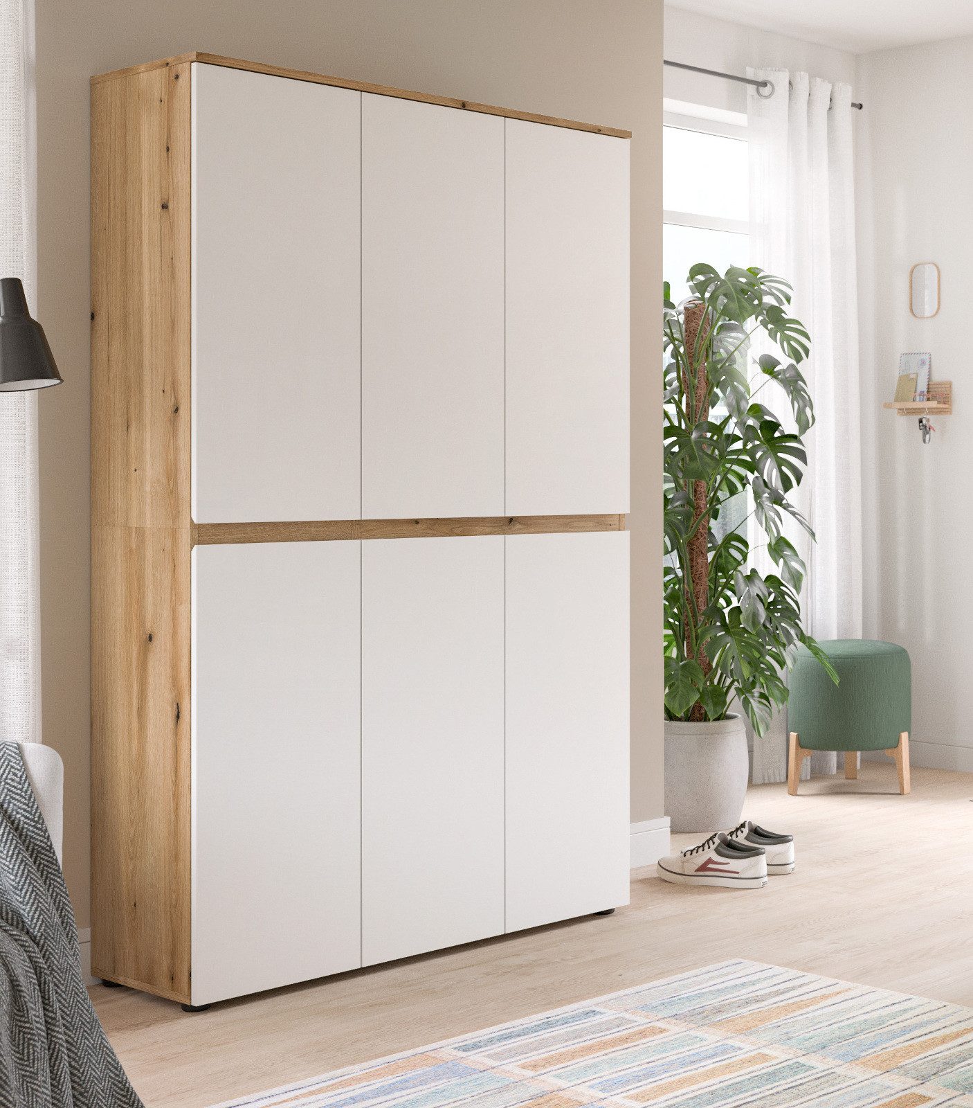 Inn.Furn Mehrzweckschrank Assino (Garderoben- und Schuhschrank in Weiß und Eiche, 6-türig, 105 x 175 cm) variabel einrichtbar, 14 Einlegeböden und Kleiderstange