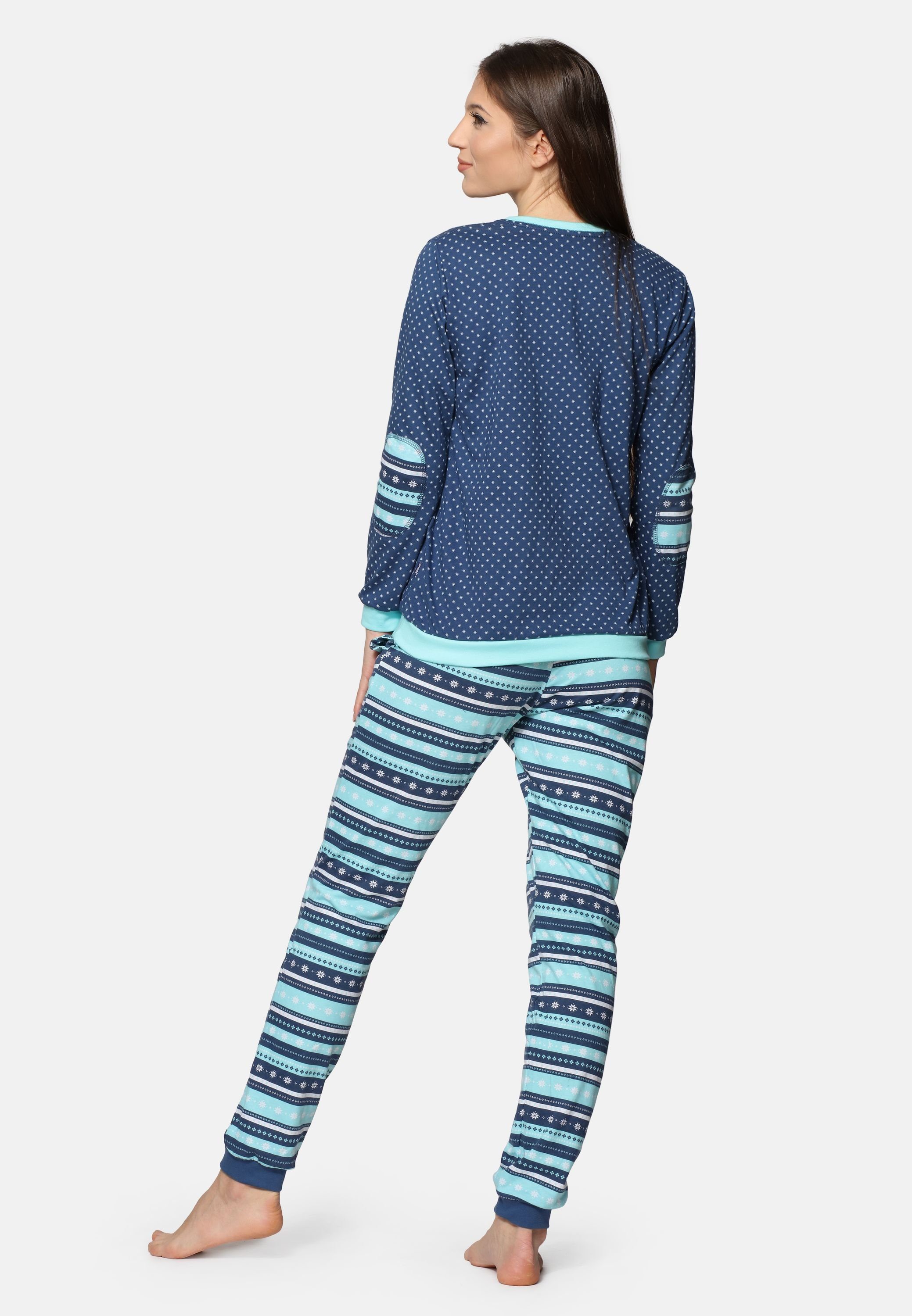 Rundhals Cornette Schlafanzug 634 Jeans/Türkis Damen mit Pyjama Baumwolle Schlafanzug Langarm Zweiteiler