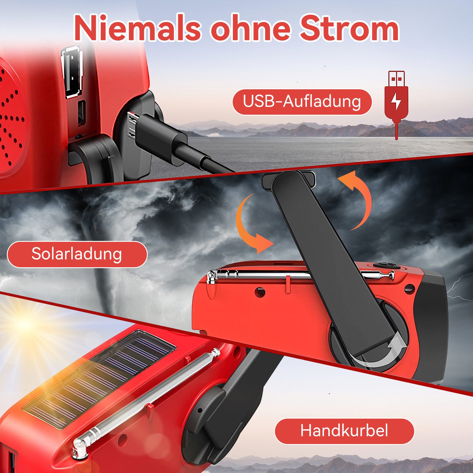 Rayofi Notfallradio, Solar Radio, AM/FM Kurbelradio mit handy ladefunktion Notfallradio (Radio Batteriebetrieben Notfall mit 2000mAh Wiederaufladbare Batterie, Tragbares, 6 W, radio mit Led Taschenlampe, SOS-Alarm für Notfall, Camping, Ourdoor)