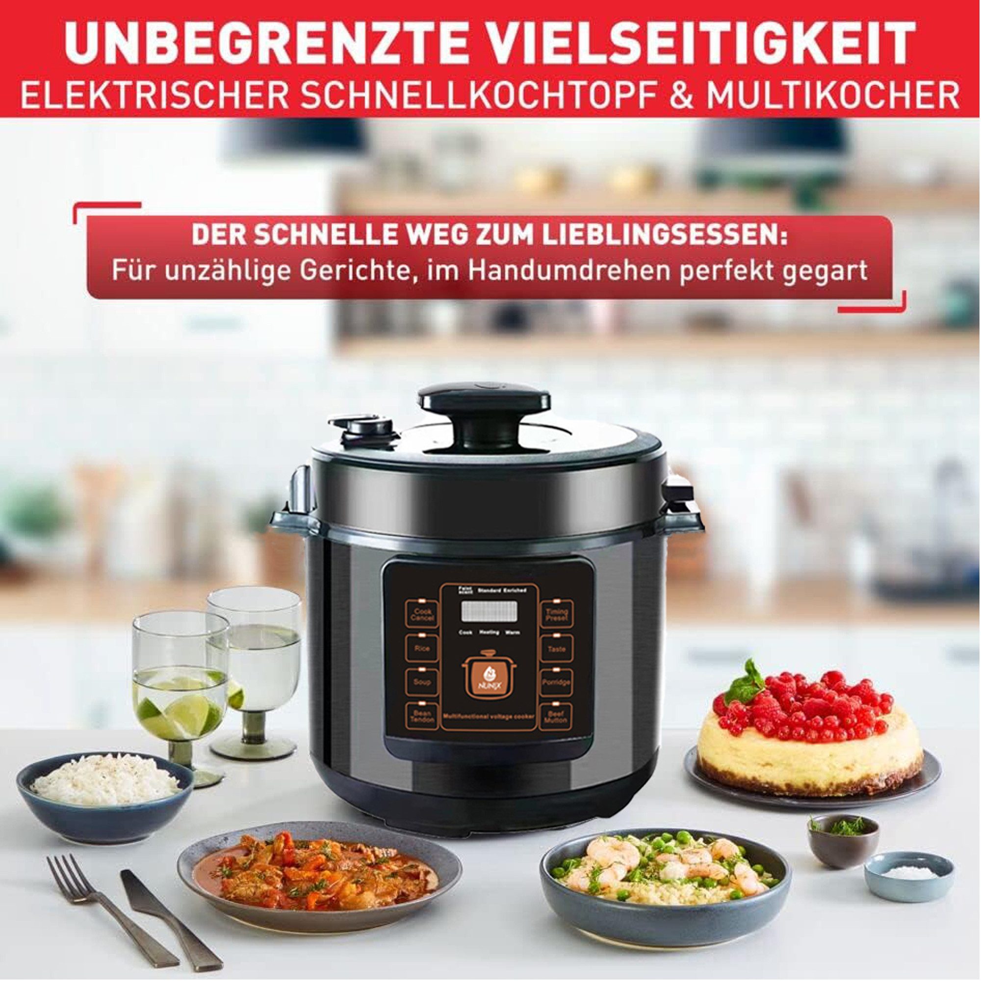 ibettertec Reiskocher Digitaler Reiskocher mit Dampfgarer, Schnellkochtopf 8 Programme, 6 Liter Schnellkochtopf, Schongarer, Warmhaltefunktion, Timer