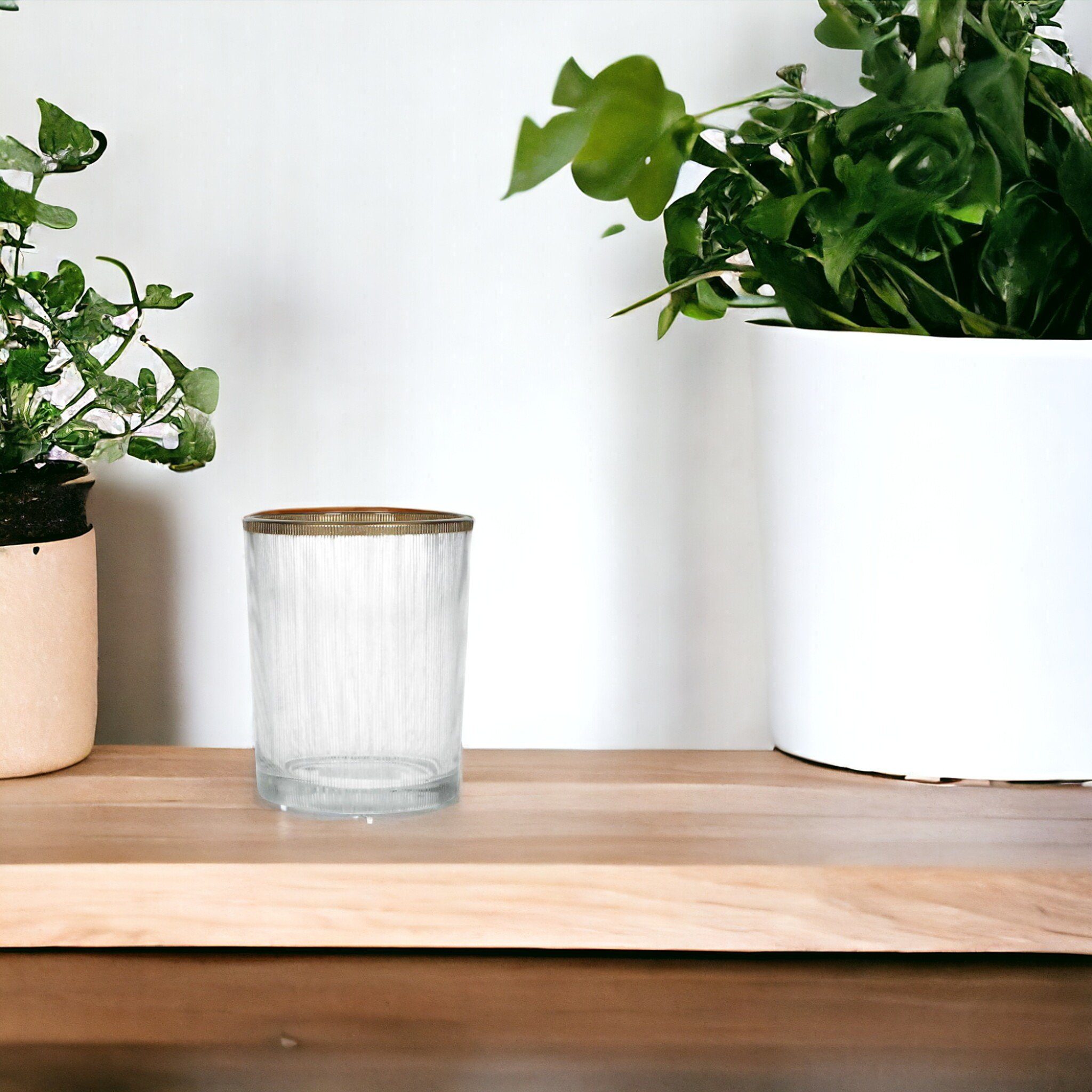 Kersten BV Kerzenhalter Glas Goldrand Teelicht Windlicht Gold Geriffelt Klar 10cm Rustikal