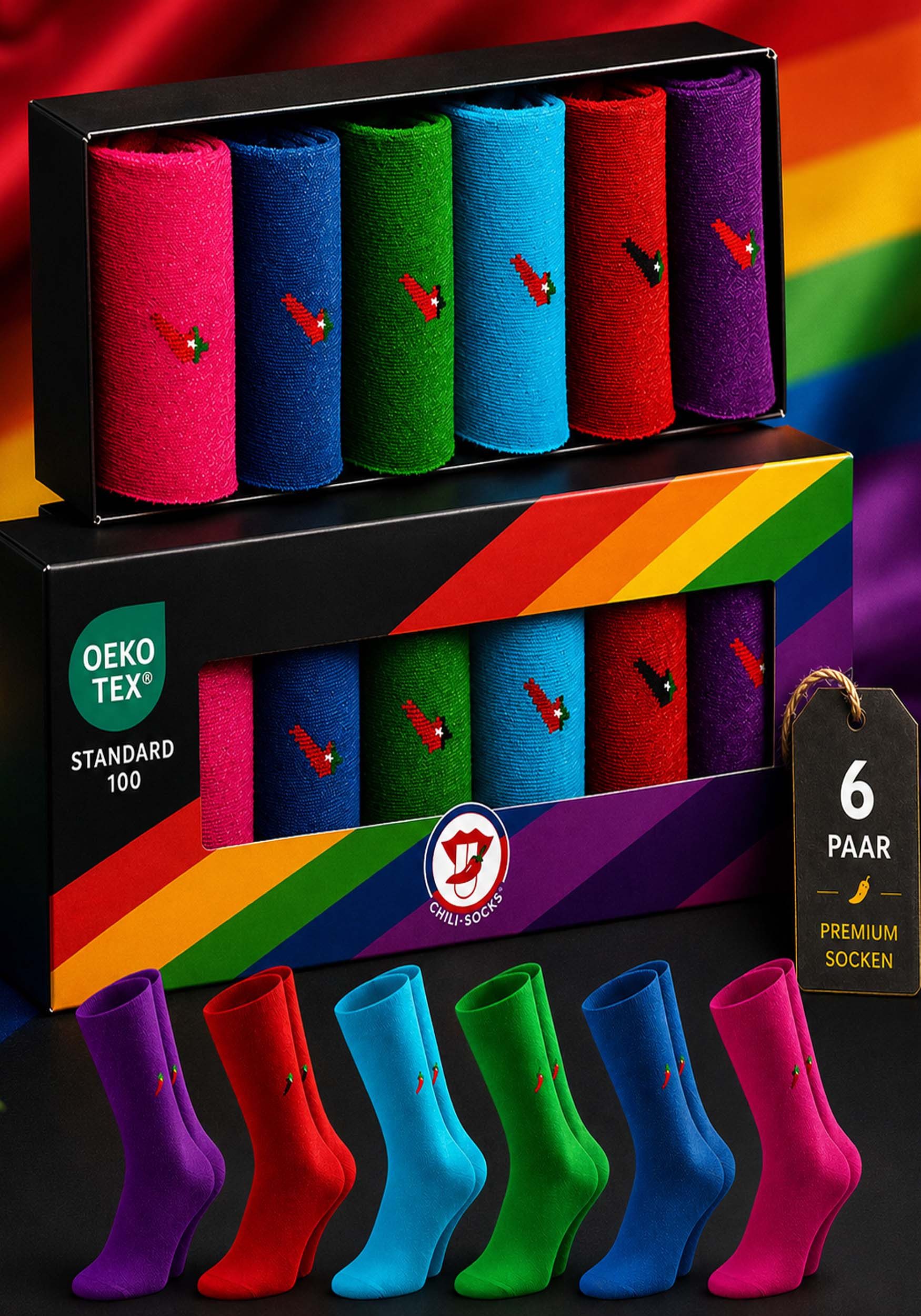 Chili Lifestyle Freizeitsocken 6 Paar LIMITED EDITION Rainbow Unisex Bunte Socken mit Geschenkbox (Multipack, 6-Paar, Geschenksocke 6 Farben - Baumwollsocken mit Weichbund ohne Gummidruck) Geburtstagsgeschenk für Damen und Herren in exklusiver Geschenkbox