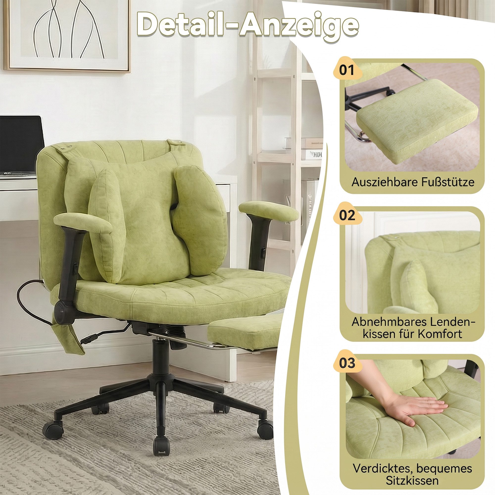 CANMOV Bürostuhl Bequemer Schreibtischstuhl mit Massage Kissen, ergonomischer Bürostuhl, mit Massagekissen, Fußstütze, klappbaren Armlehnen, 360° drehbar – Bild 5 von 5