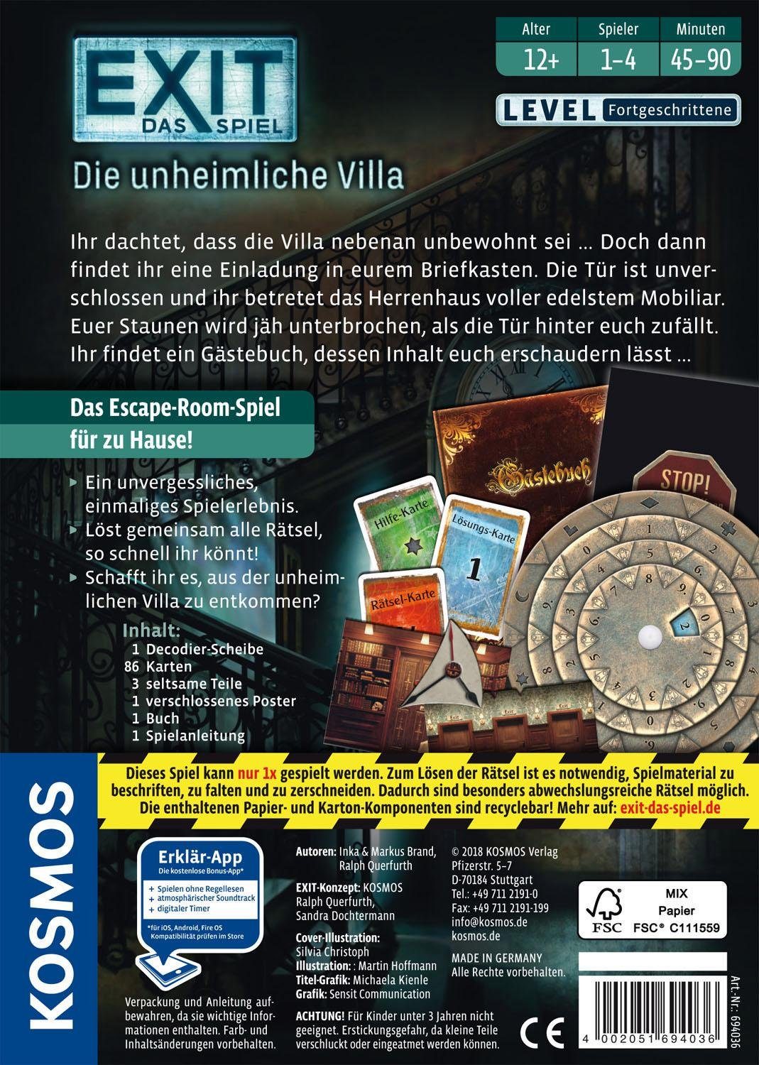 Kosmos Spiel EXIT, Die unheimliche Villa, Rätselspiel, Made in Germany