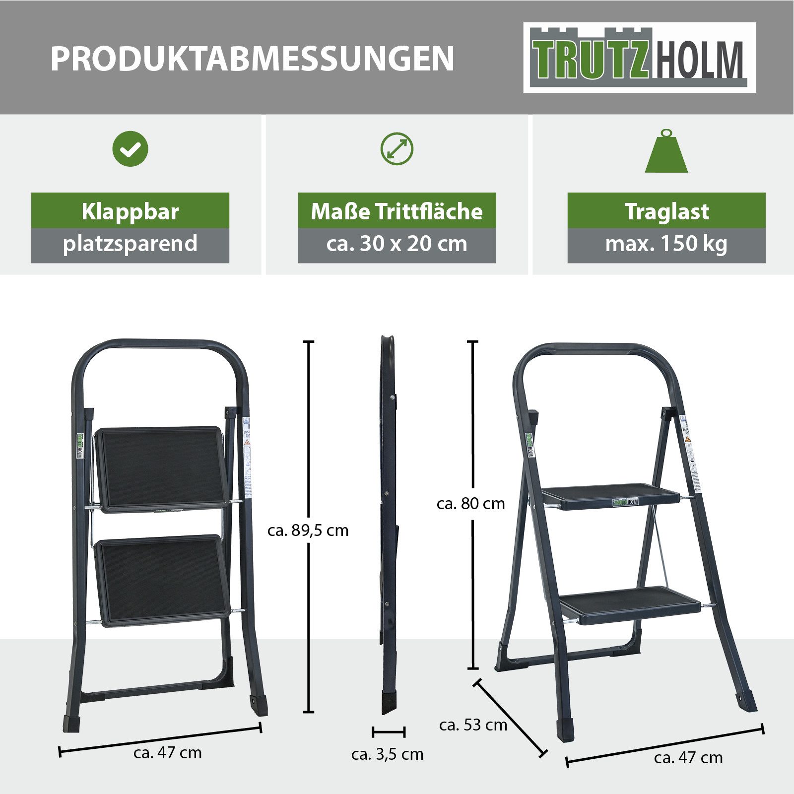 TRUTZHOLM Klapptritt Trittleiter 2-stufig klappbar TÜV/GS Trittflächen Klapptritt Leiter, Anti-Rutsch,150kg Belastbar – Bild 3 von 5