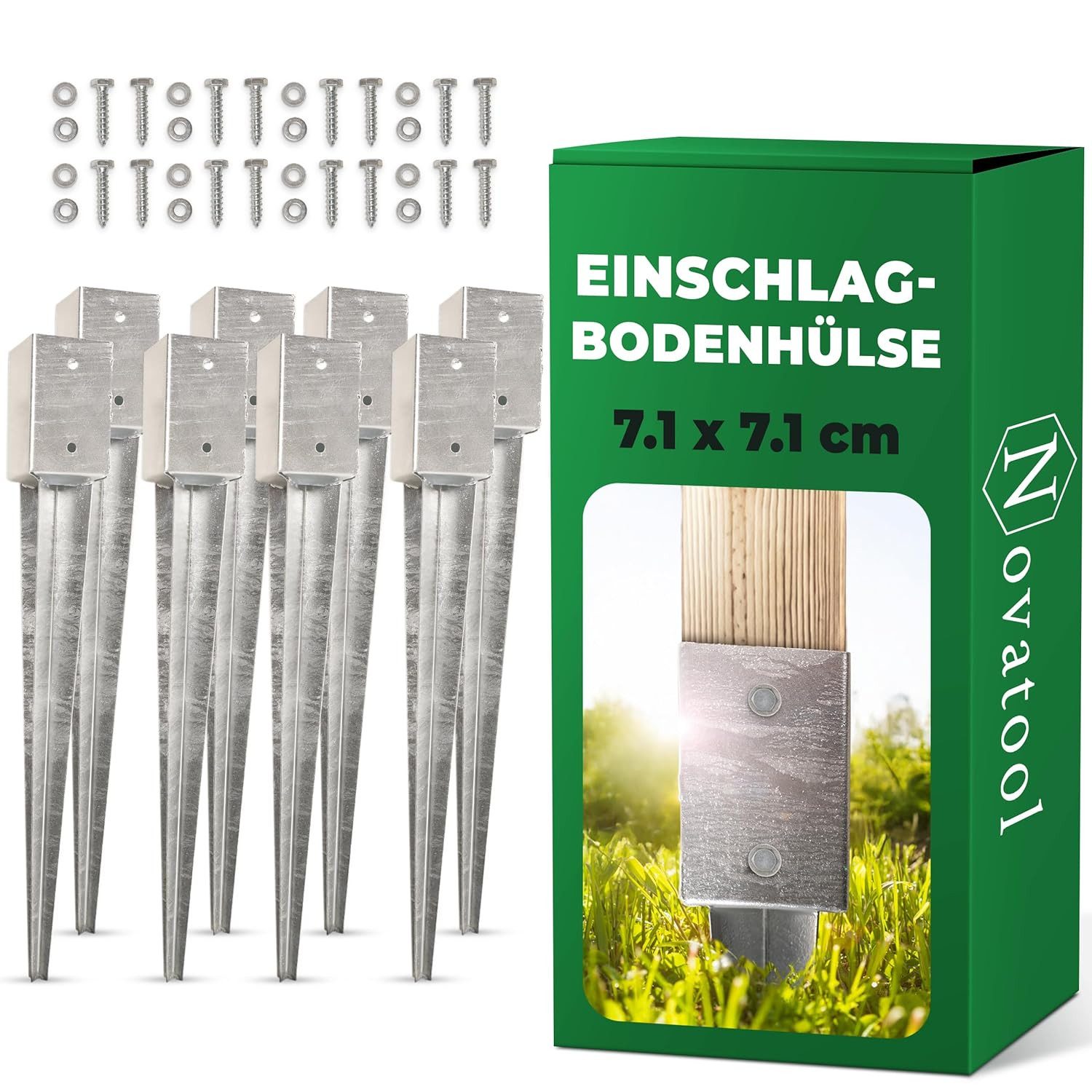 Novatool Einschlag-Bodenhülse 31074-8x, Novatool 8x Einschlagbodenhülsen-Set 71x71x750 mm, Bodenhülse Sonnensc