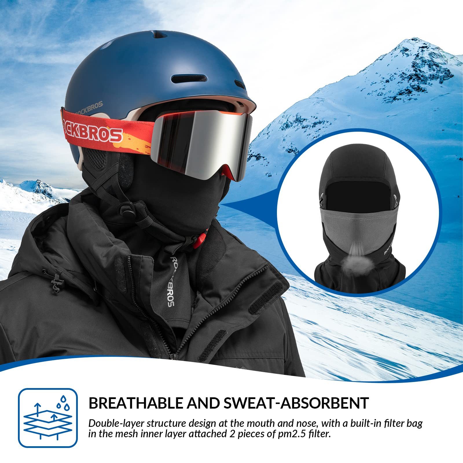 ROCKBROS Sturmhaube Warme Winter Balaclava Winddicht Skimaske für Wintersportkappe Mit Brille tragbar