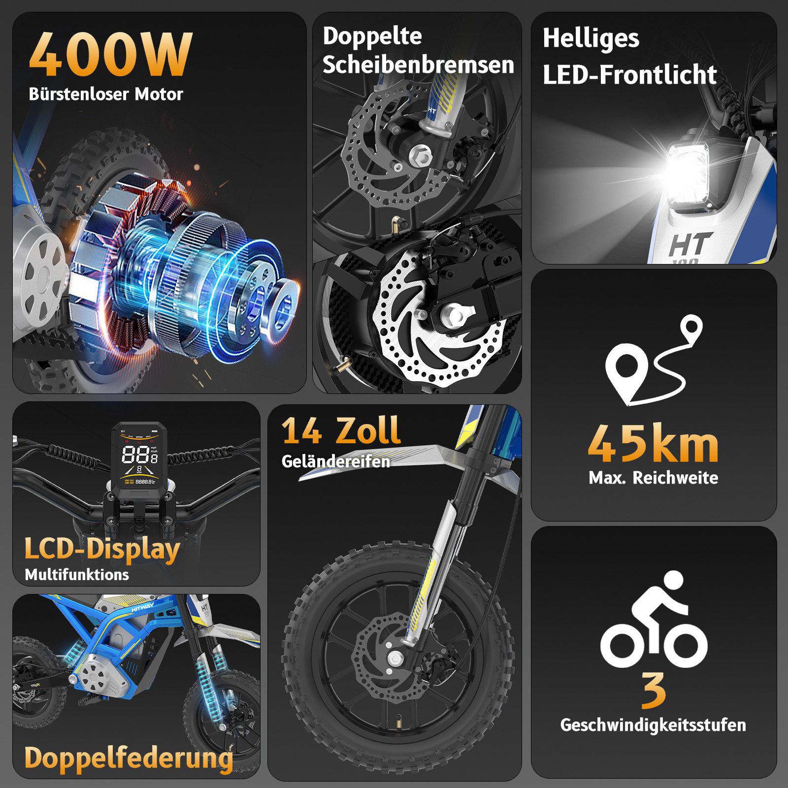 HITWAY Elektro-Kindermotorrad HT100, 36V 10,4Ah, 400W, 10/15/25 km/h, Reichweite 45 km, Belastbarkeit 70 kg, 14" Offroad-Reifen, Doppelbremsen, Doppeldämpfer, Aluminiumrahmen