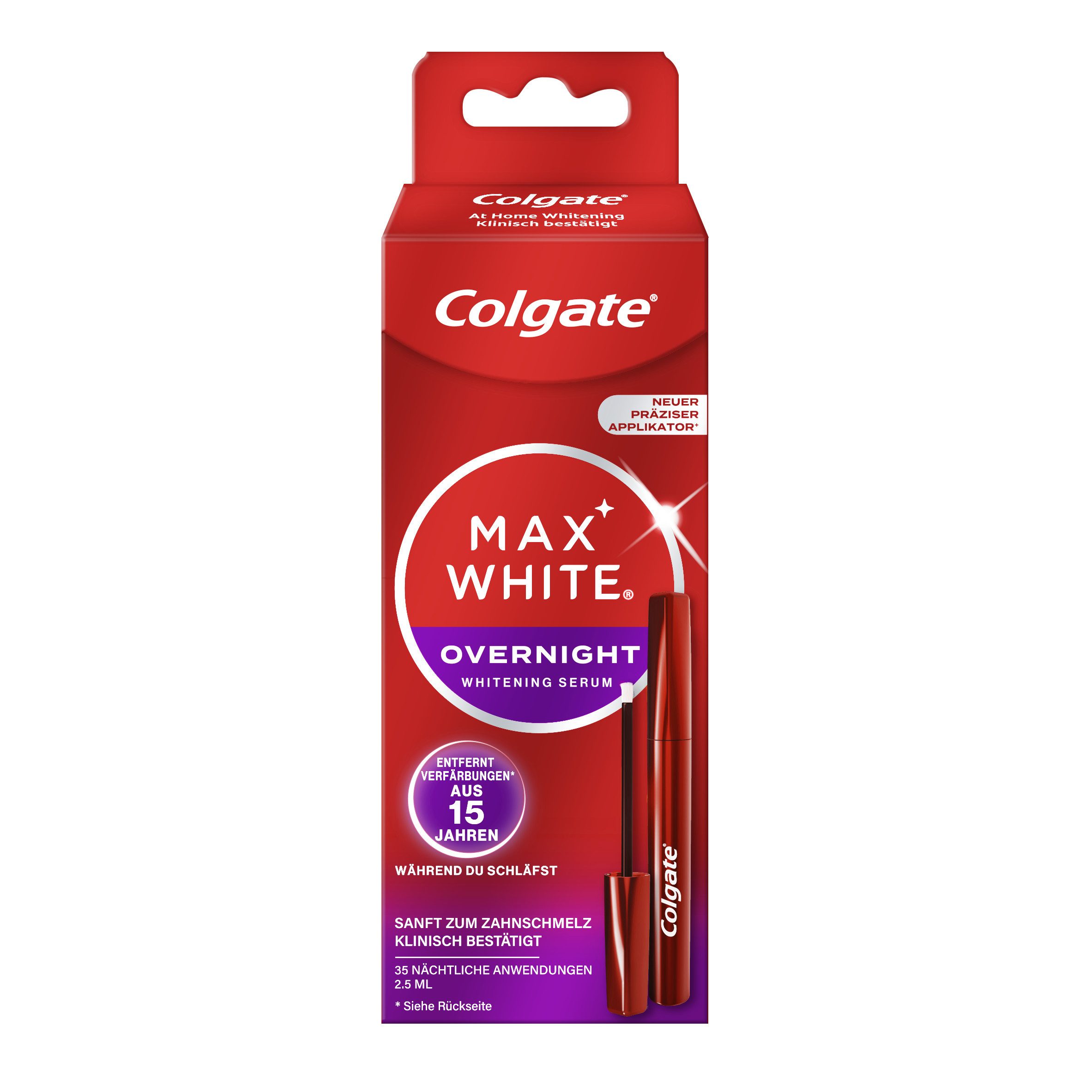 Colgate Zahnbleaching-Gel Max White Overnight Whitening Serum, Zahnaufhellung, 2.5ml, Bildet unsichtbaren Film.