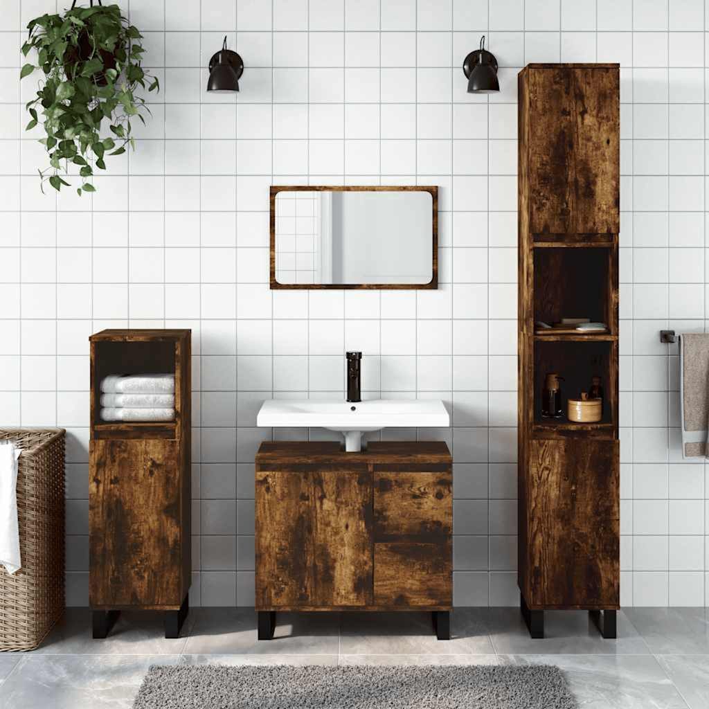 Badkommode Badezimmerschrank 65x33x60 cm in Räuchereiche mit Eisenfüßen