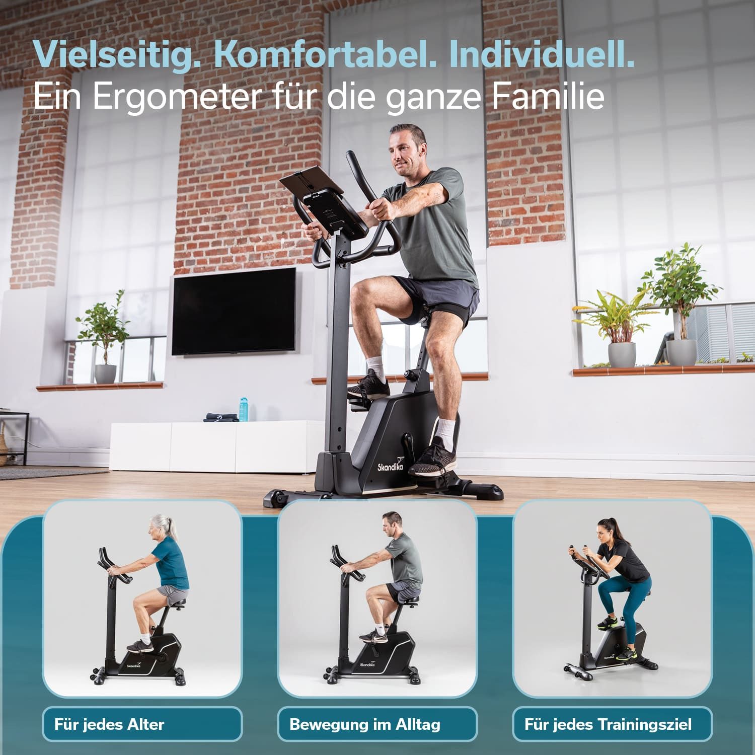 Skandika Ergometer für Zuhause, Cykling P10, mit 32 Widerstandstufen, Magnetbremse (13 Programme - Bluetooth - App-Verbindung, Kinomap, Handpulssensoren), bis 135 kg und 200 cm, LCD-Display, Transportrollen, Tablet-Halterung