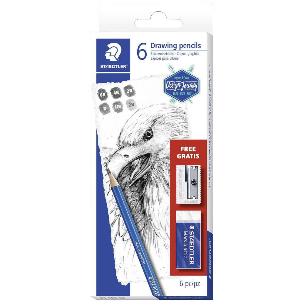 STAEDTLER Bleistift Mars 100 Zeichenbleistift, 6 Zeichenbleistifte, 1 Radierer 61 100 C6, mit Radierer, mit Spitzer
