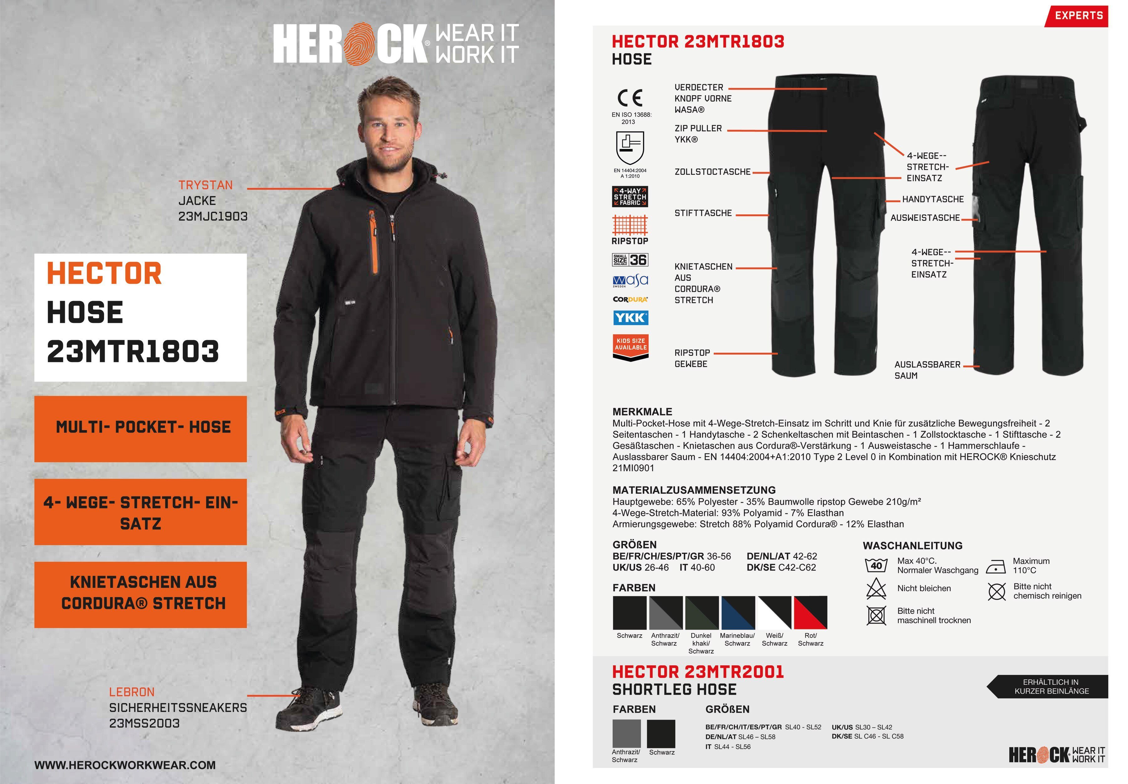 Arbeitshose Hoses 4-Wege-Stretch, verdeckter schwarz Knopf, verstärkte Multi-Pocket, Herock Knietaschen Hector