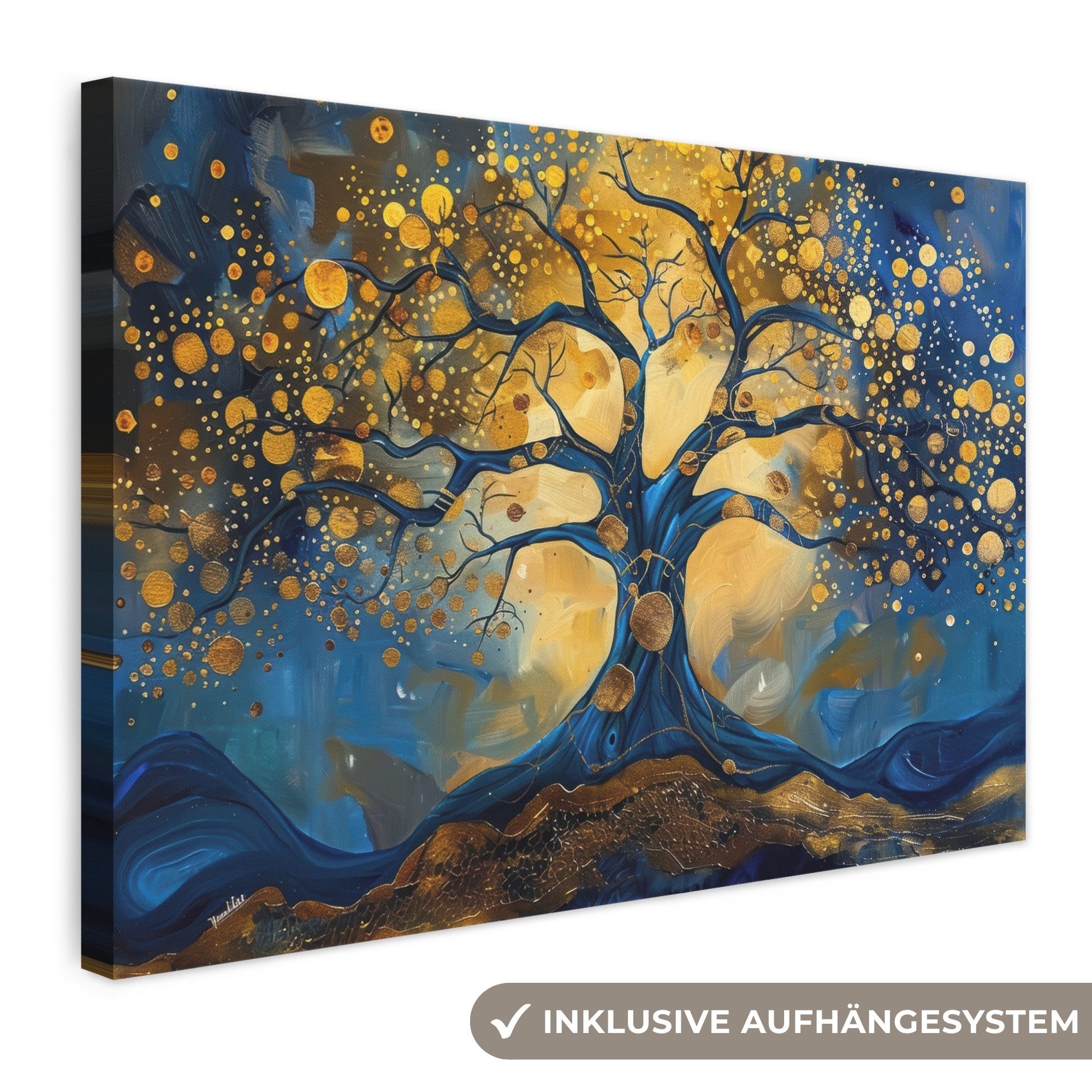OneMillionCanvasses® Leinwandbild Baum - Lebensbaum - Blau - Gold, Fotodruck (1 St), Leinwand Bilder Klein, Wand Dekoration Aesthetic 30x20 cm