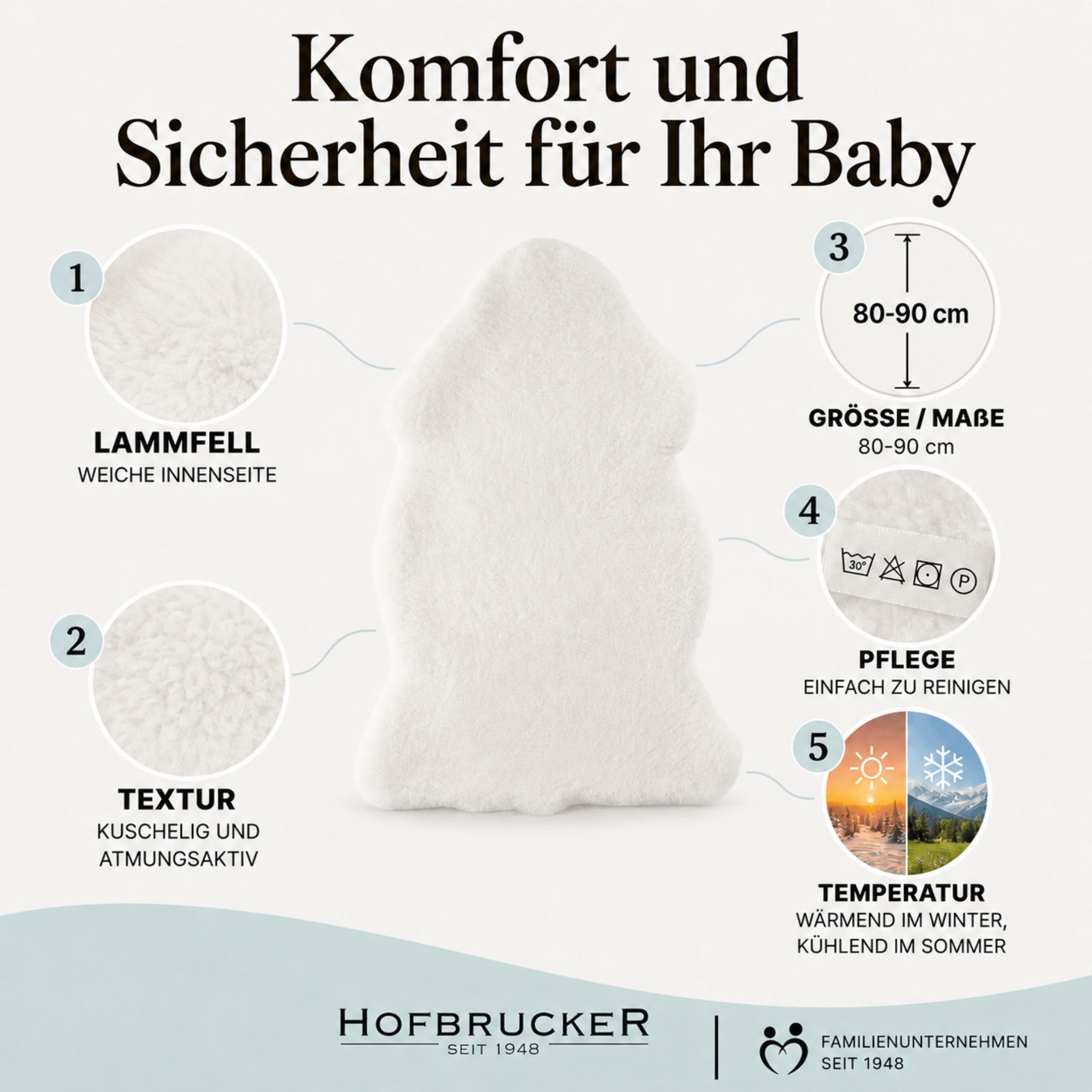 Babylammfell Baby Lammfell Exclusiv weiß, Hofbrucker seit 1948, Krabbelmatte Babyteppich aus 100% Lammfell pflanzlich gegerbt 90 cm – Bild 3 von 5
