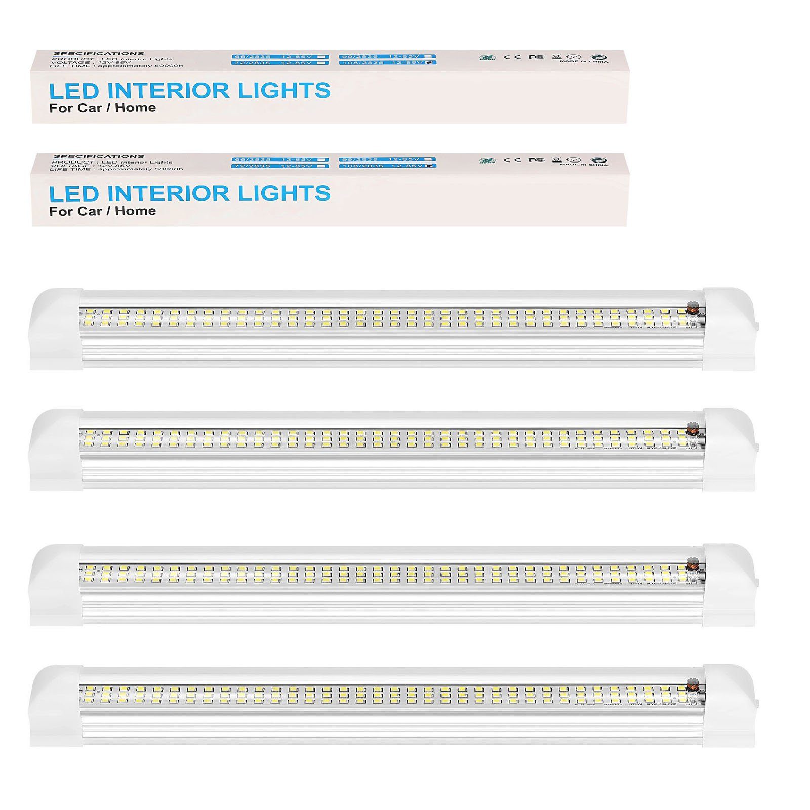 LETGOSPT LED Lichtleiste 2x LED Innenlichtleiste 108 LEDs, 12V LED Leuchtet Auto Beleuchtung, LED fest integriert, ‎Kaltweiß, für Auto Wohnmobile LKW Van Fahrzeugwartung Beleuchtung 4 Stück