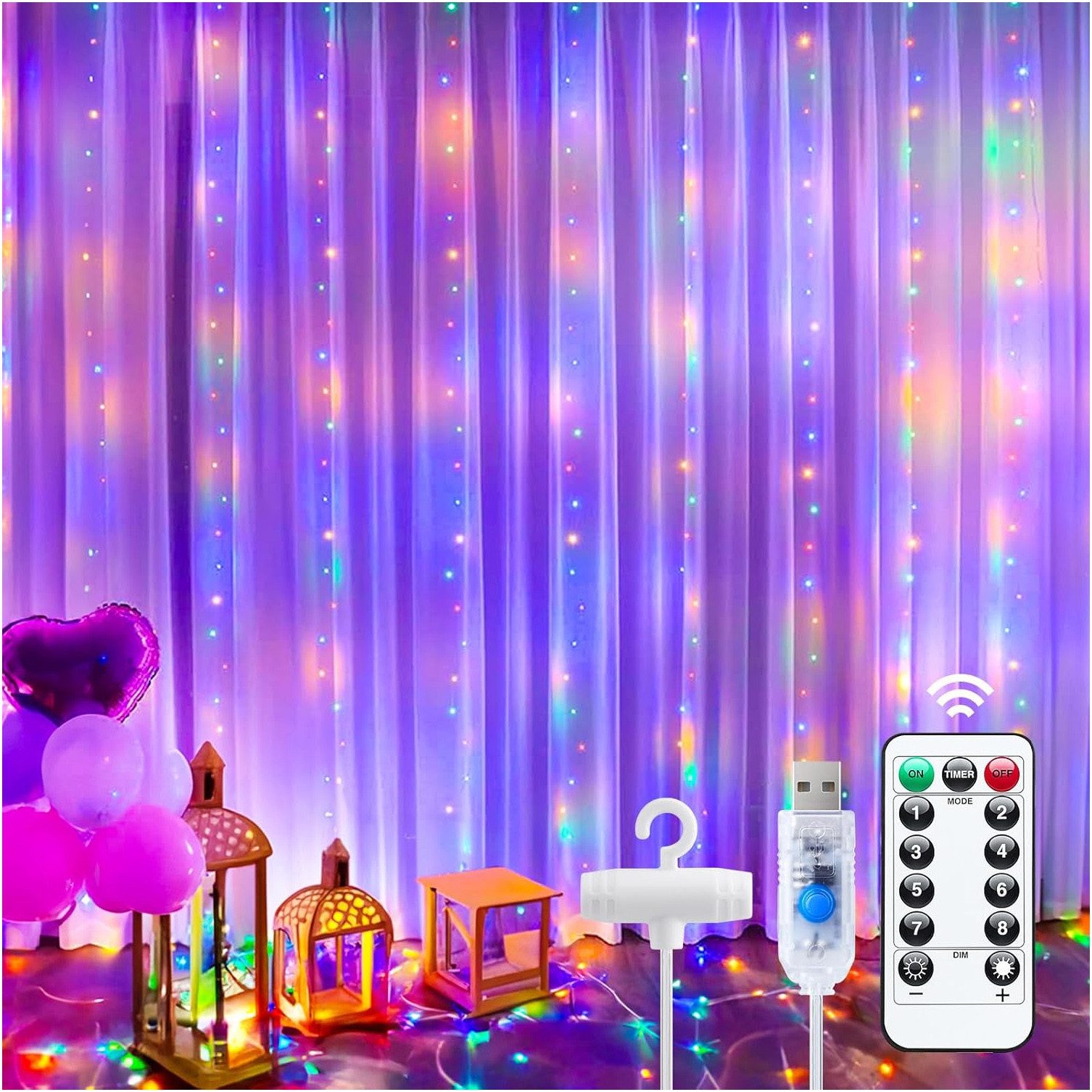 LED-Lichtervorhang USB 8 Modi LED Lichtervorhang, Verstellbare Helligkeit, Timer