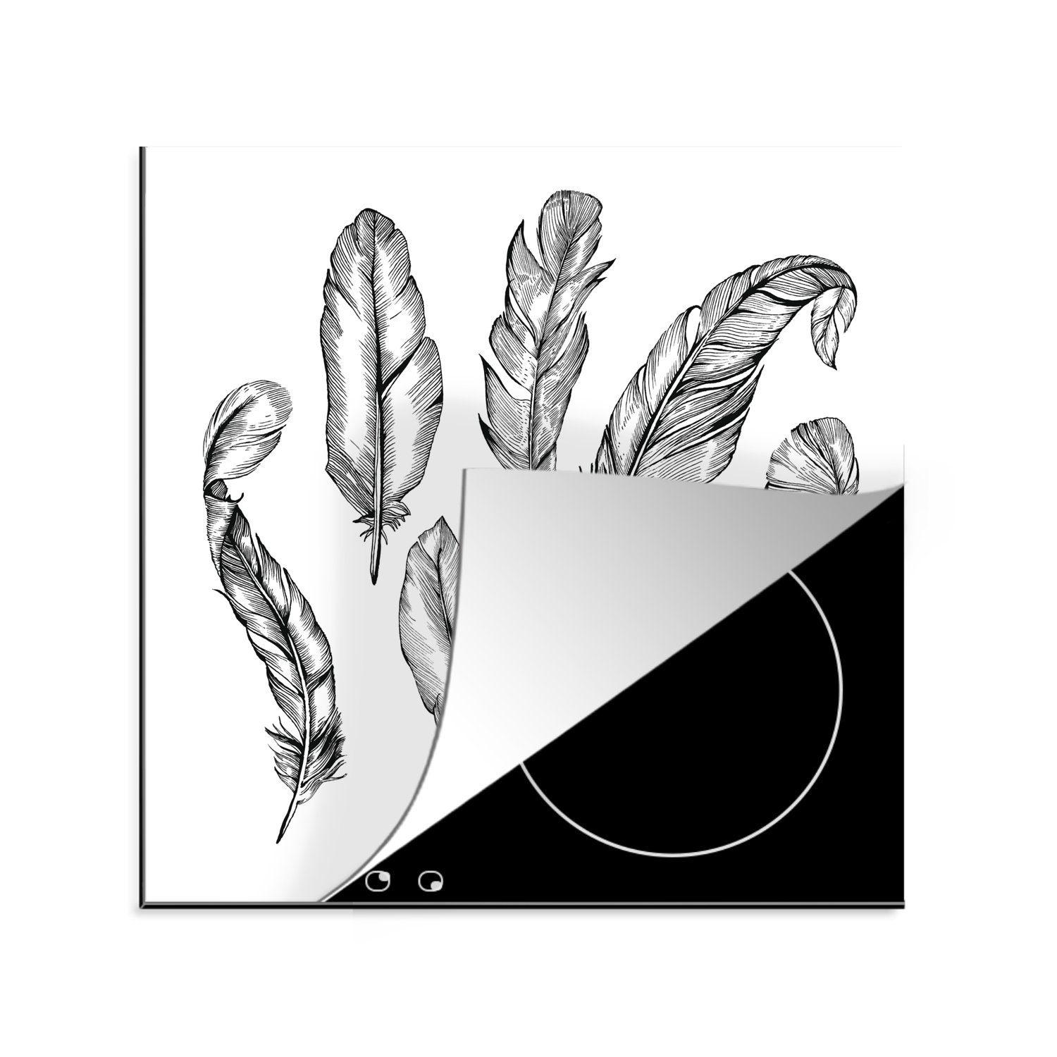 Ceranfeldabdeckung, Federn, Illustration 78x78 Vinyl, von Eine küche cm, für MuchoWow tlg), Herdblende-/Abdeckplatte (1 Arbeitsplatte schwarz-weiße