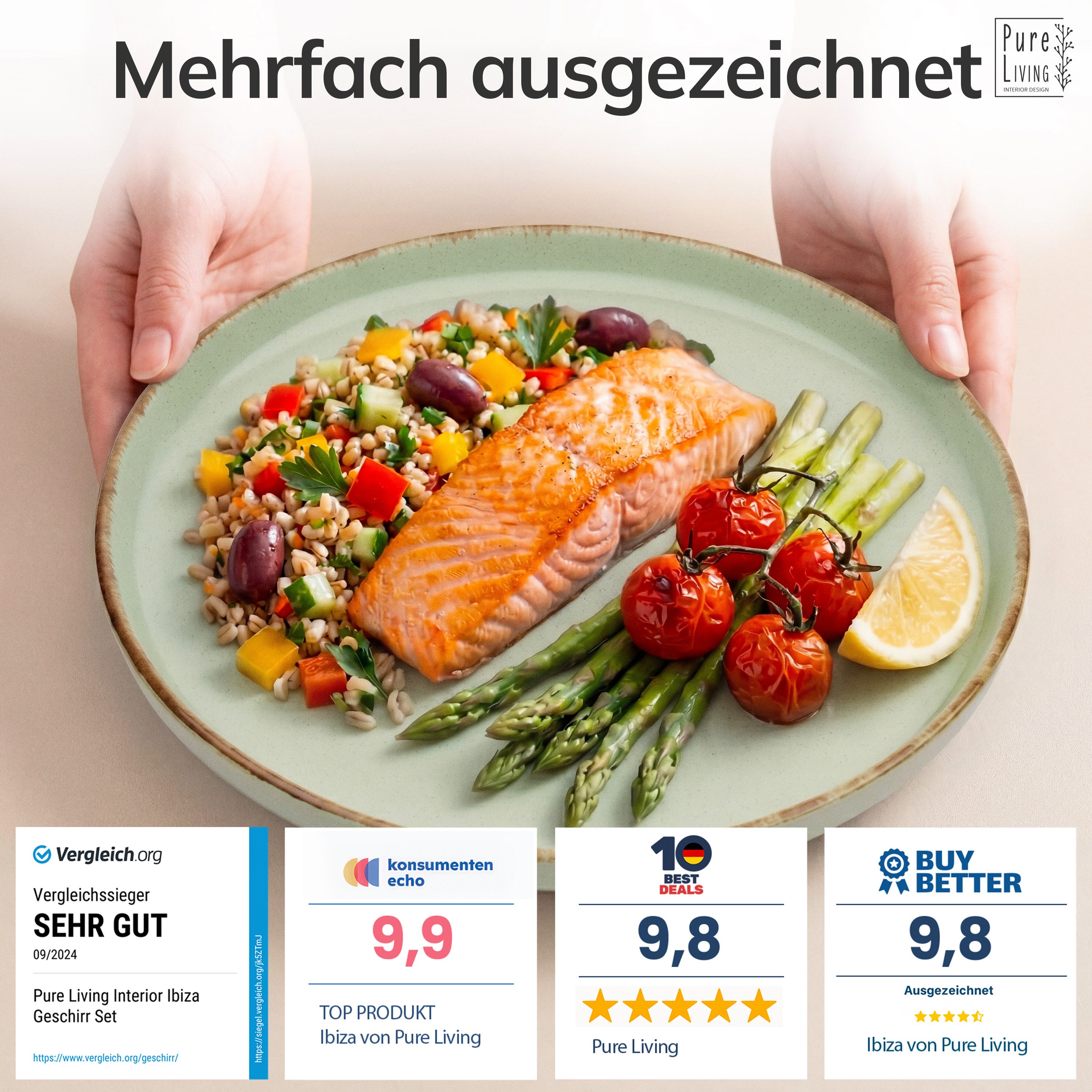PURE LIVING INTERIOR DESIGN Geschirr-Set Pure Living »Rustic« (24-tlg), 6 Personen, Steingut, Mintgrün, 6 Personen, Steingut, Authentischer Landhausstil, Reaktive Glasur – jedes Stück ein Unikat,…