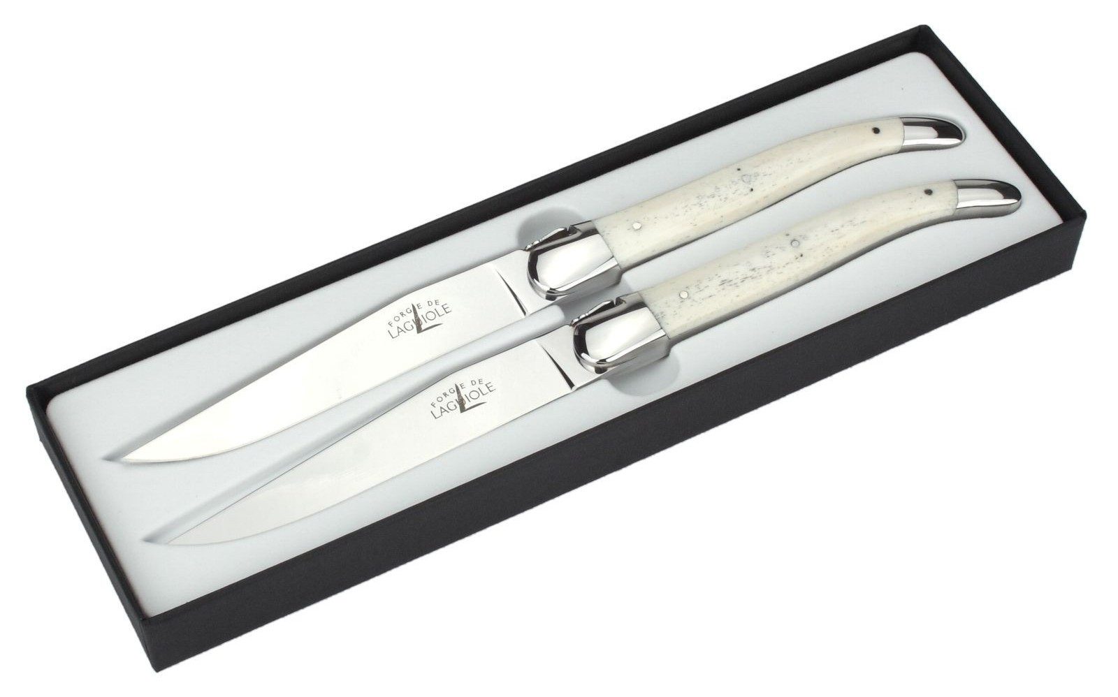 Forge de Laguiole Стейк ножи T2 2M IN OS BRI 2er Set - Griff Rinderknochen - Stahl glänzend - Aufbewahrungsbox