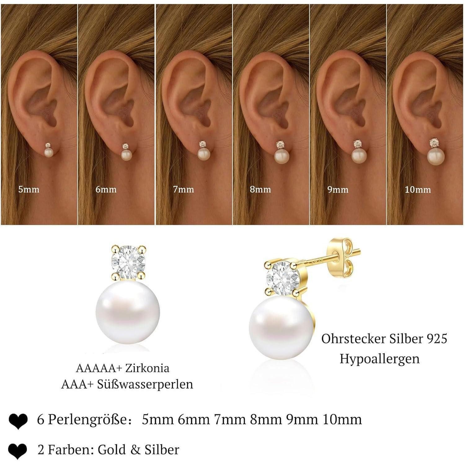 LuxusKollektion Perlenohrringe Ohrstecker Süßwasserperlen Silber 925 hypoallergen Gold 9mm B-Gold – Bild 5 von 5