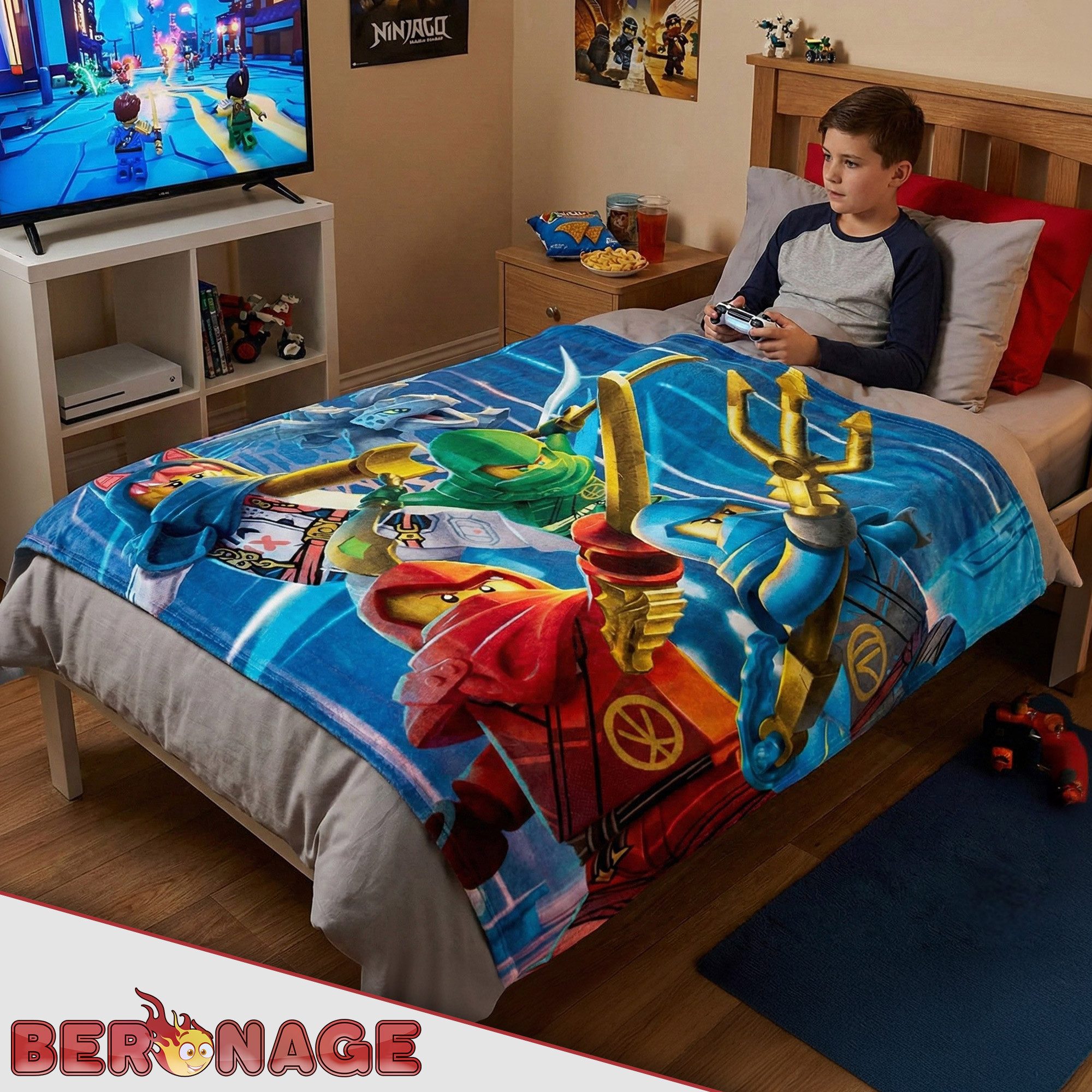 BERONAGE Tagesdecke LEGO Ninjago Kuscheldecke Templefall 150x200 cm Decke , passend zur Bettwäsche, ideal für Sofa, Couch, Bett, Auto, Camping – Bild 5 von 5