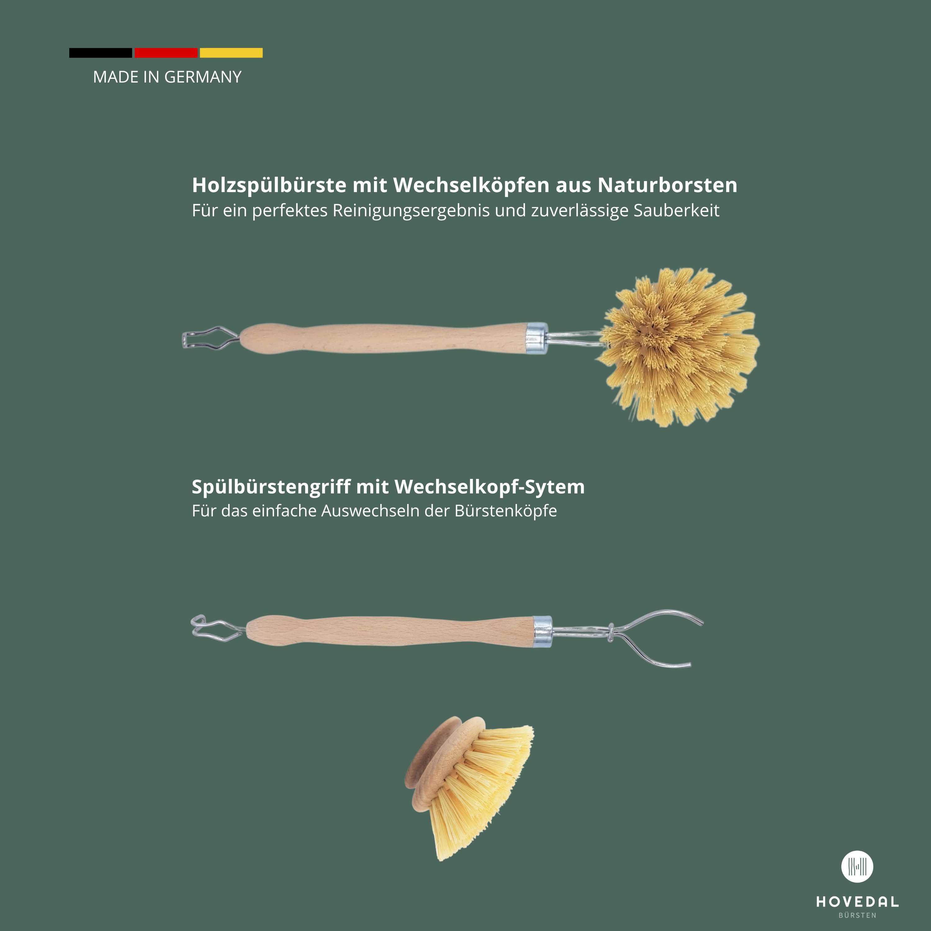 Hovedal Reinigungsbürste Spülbürste Holz, Spülbürsten aus Holz mit Naturborsten aus Fibre, Holzspülbürste mit Wechselkopf, Ersatzkopf Natur, Bürsten für Küche – Bild 3 von 5