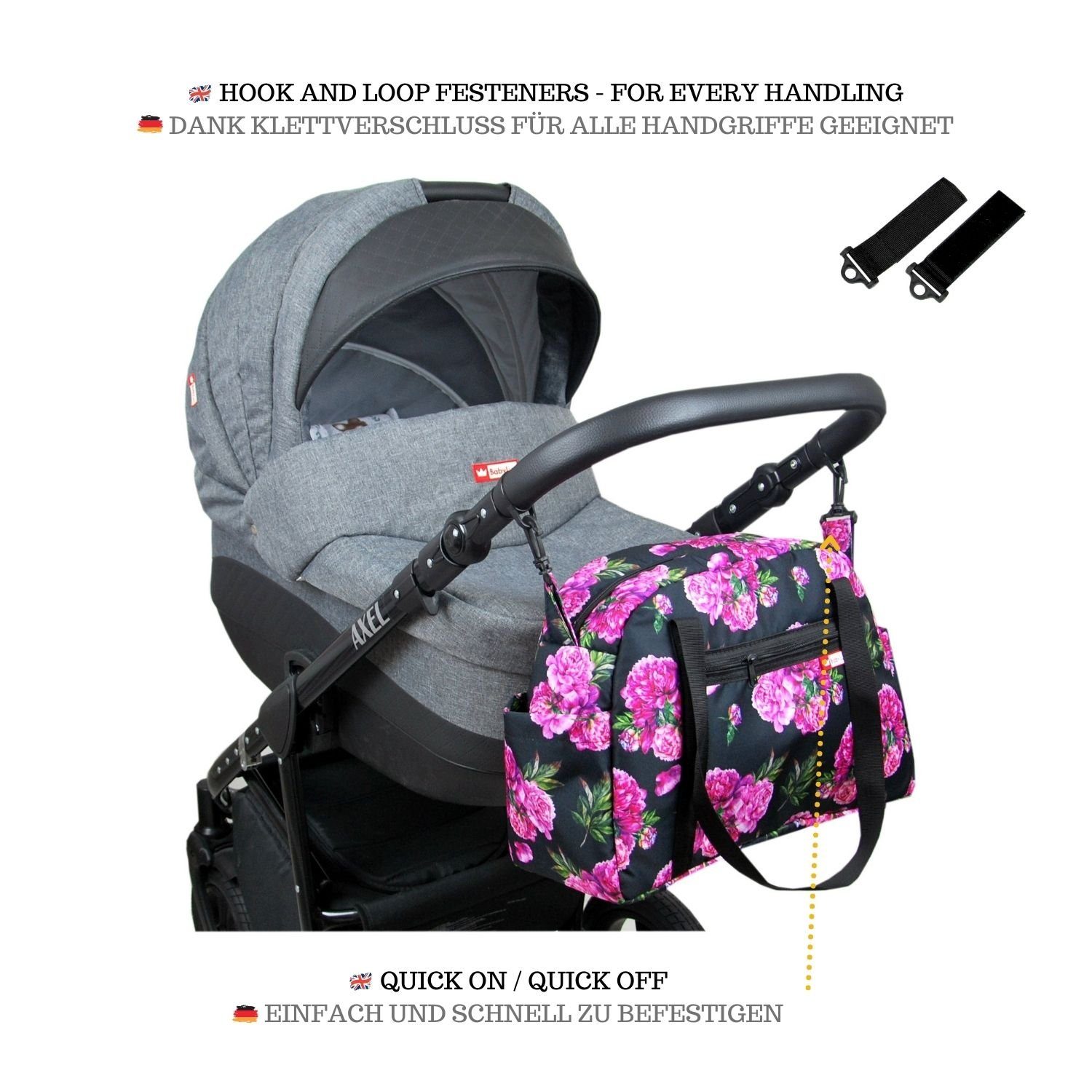 BabyLux Wickeltasche BabyLux Wickeltasche COLORFUL Kinderwagen Buggy Große Handtasche, 77. Schwarz + Päonien