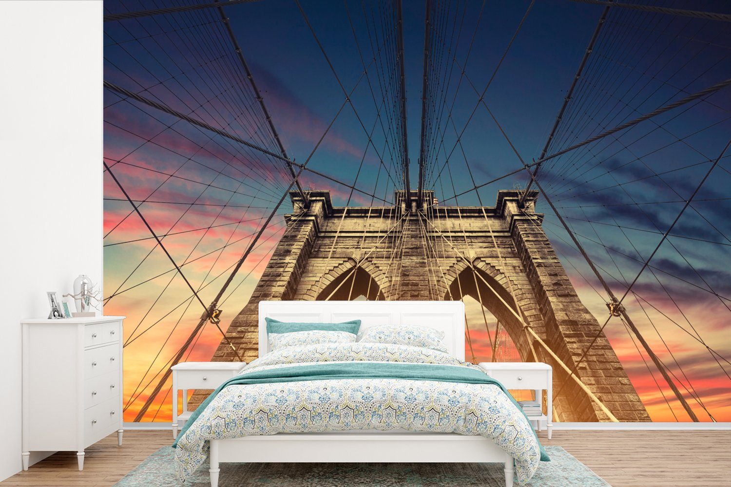 MuchoWow Fototapete Die Brooklyn Bridge unter einem bunten Himmel in Amerika, Matt, bedruckt, (6 St), Wallpaper für Wohnzimmer, Schlafzimmer, Kinderzimmer, Vinyl Tapete