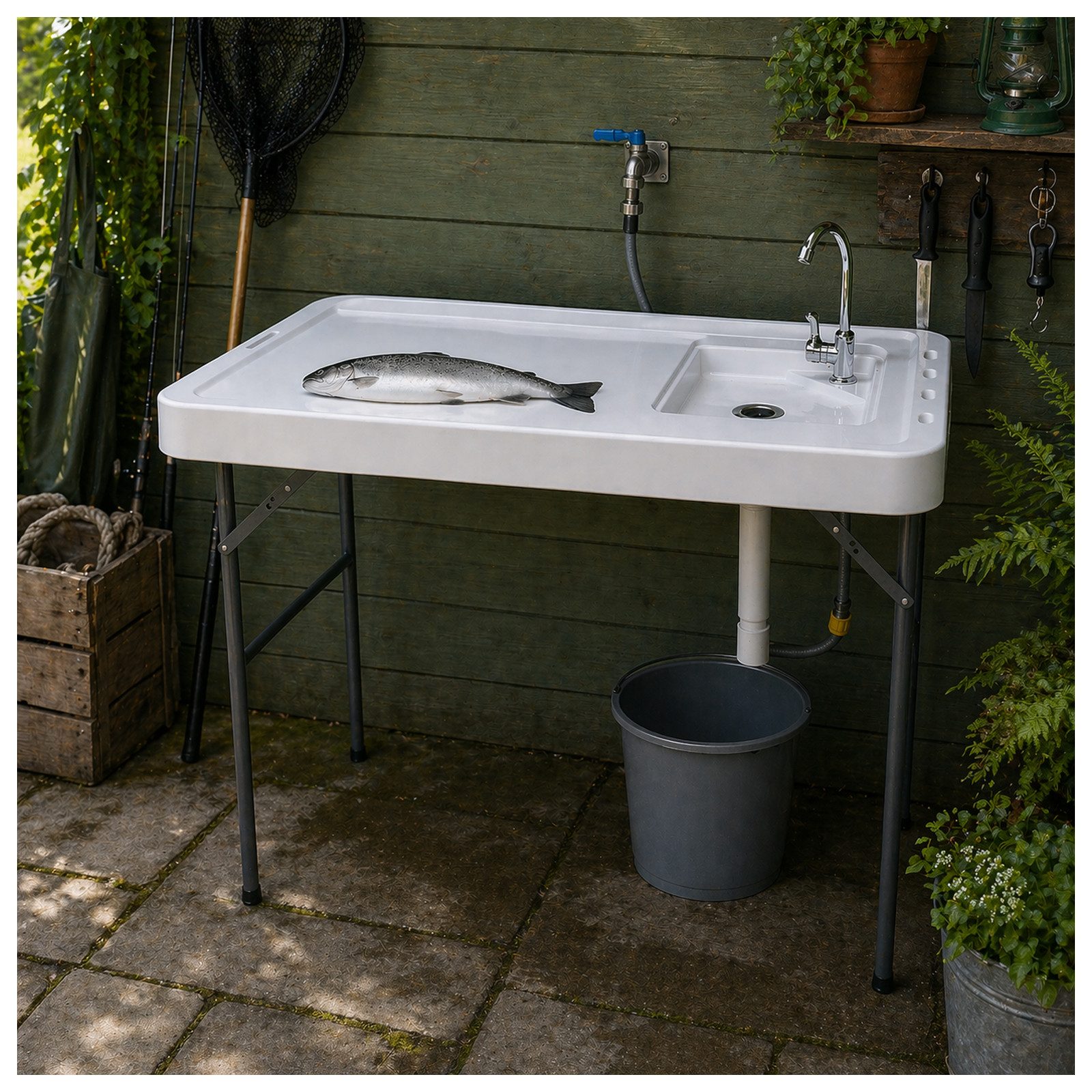 HTI-Living Campingtisch Fischreinigungstisch klappbarer Filetiertisch (Stück, 1-St., 1 Wasserhahnanschlussohr, 1 Galvanikwasserhahn, 1 Kanalisationsrohr), Campingspüle