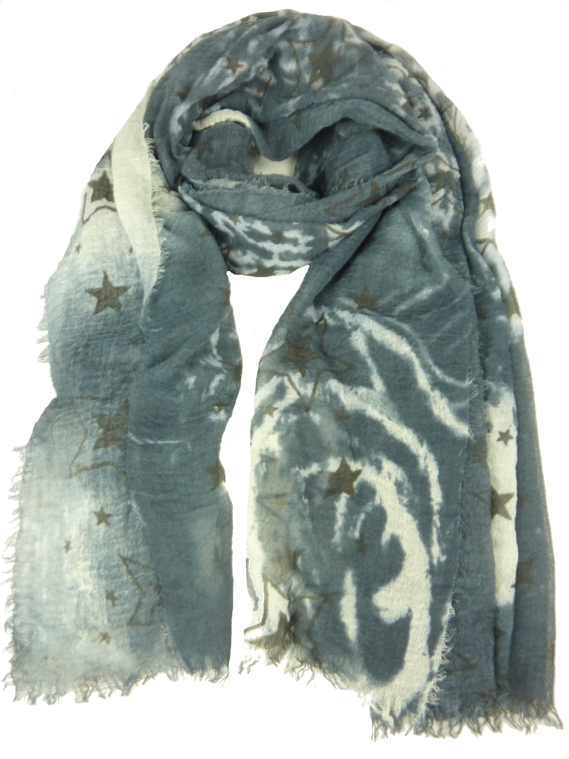 Taschen4life Schal Damen Schal mit Fransen und Sternen QF-205, Tücher & Schals von Delfin blau/grau