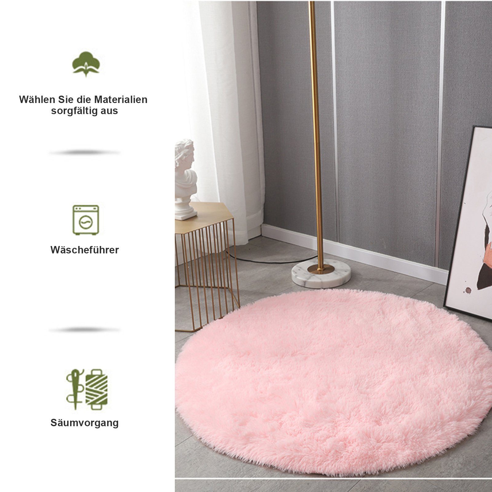 Wohnzimmer Fellteppich Bettvorleger, Kunstfell, Shaggy, Teppiche Hochflor-Teppich Rund, für Rund, Teppich 120CM Hochflor Wohnzimmerteppich Schlafzimmer, REDOM, Pink Schlafzimmer