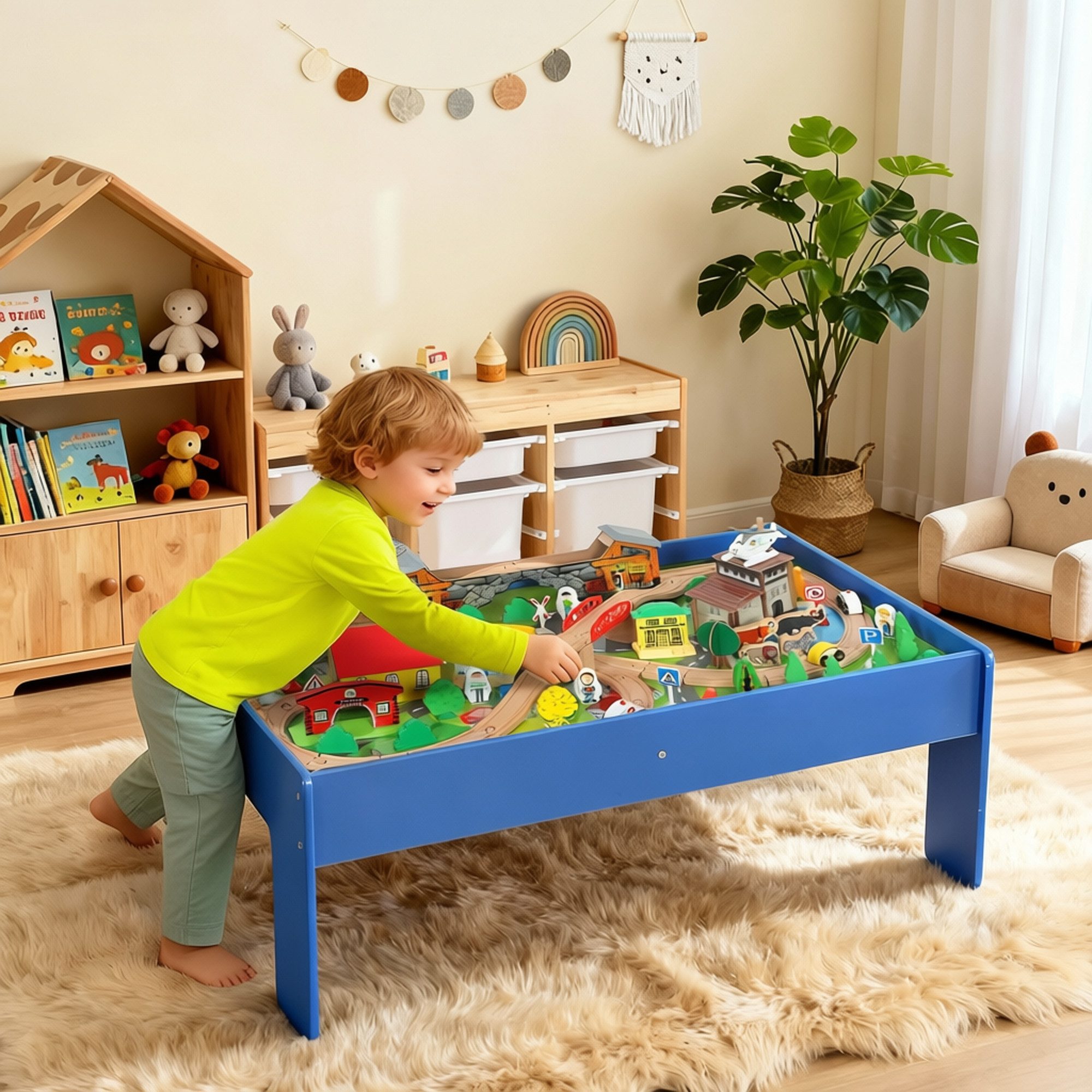 AIYAPLAY Spielzeug-Eisenbahn Holzeisenbahn, abnehmbare Tischplatte, Eisenbahntisch aus Holz, (Spieltisch aus Holz, 1-tlg., 108-teiliges Eisenbahn-Set), für Kinder ab 3 Jahren, Blau