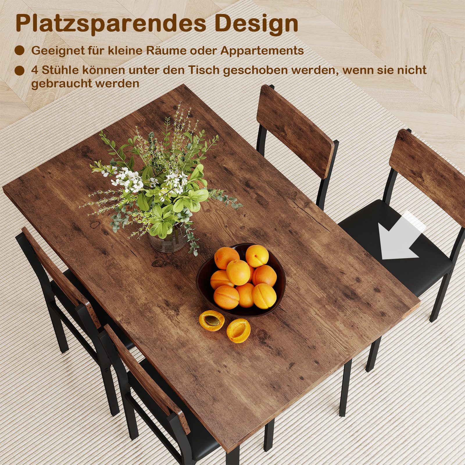 COSTWAY Essgruppe, (5-tlg), Küchentisch & 4 Kunstleder Polsterstühle mit Metallbeinen