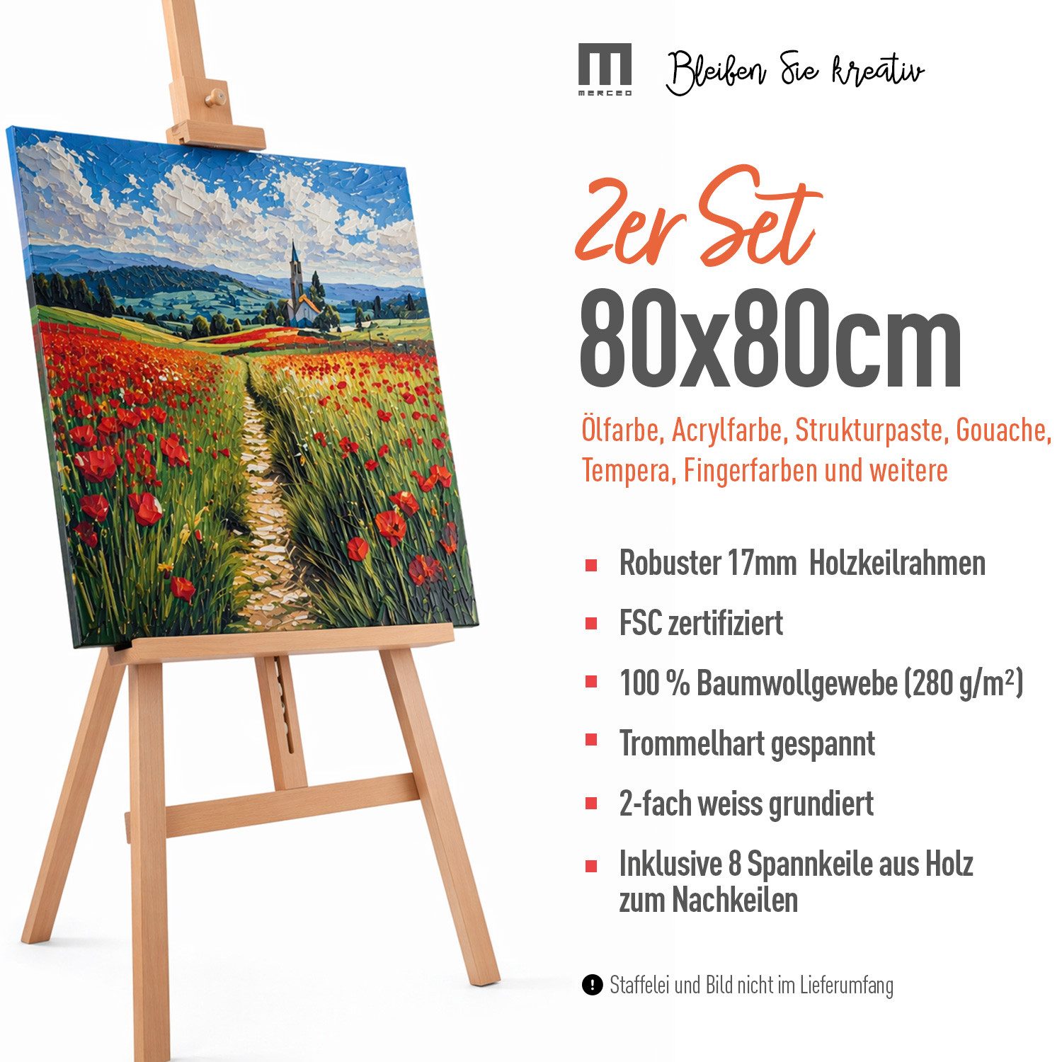 M MERCEO Leinwand, 2er-Set Leinwand 80x80cm (zum Bemalen, Baumwolle, Keilrahmen, 280g/m)