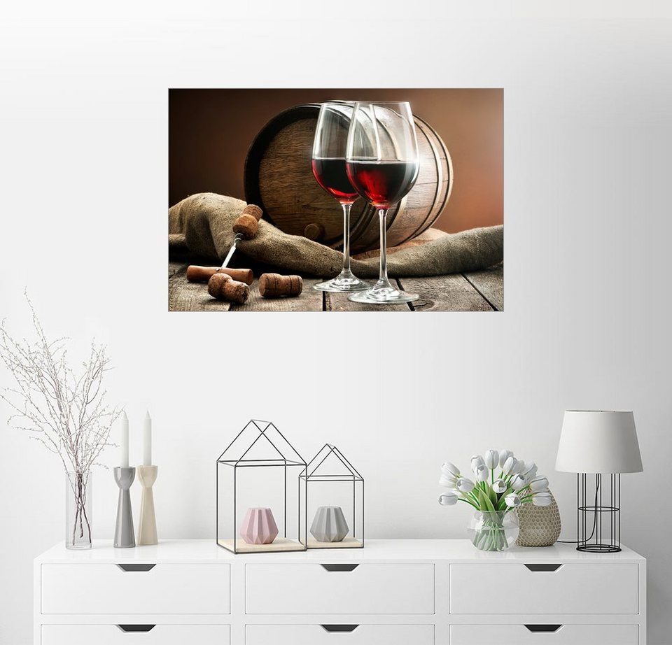 Posterlounge Wandbild, Weingläser und Fass auf einem Holztisch online