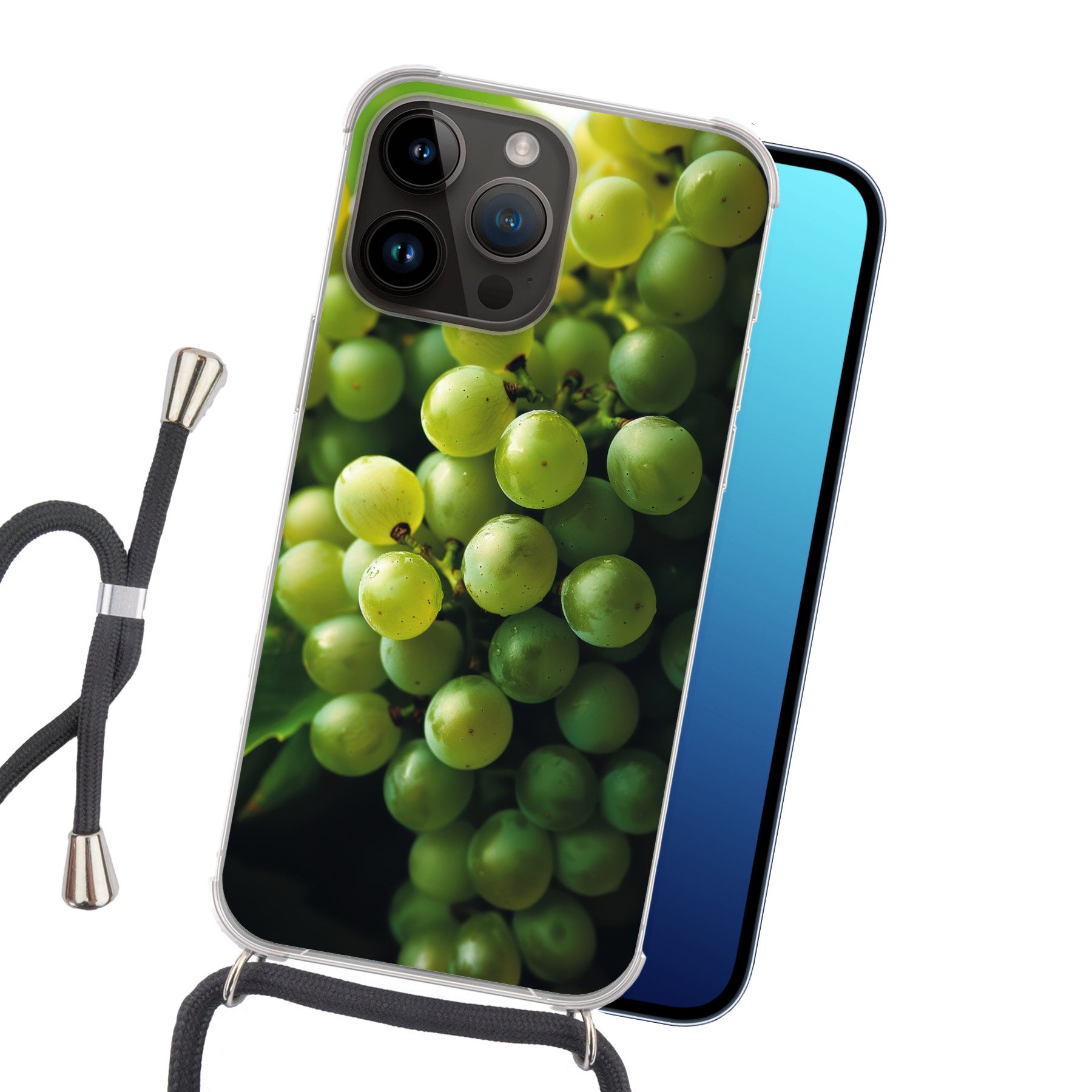 MuchoWow Handyhülle für Apple iPhone 14 Pro Max Weintrauben - Traube - Grün, Tragbare Handyhüllen mit Kette zum umhängen, Handykette Handyband