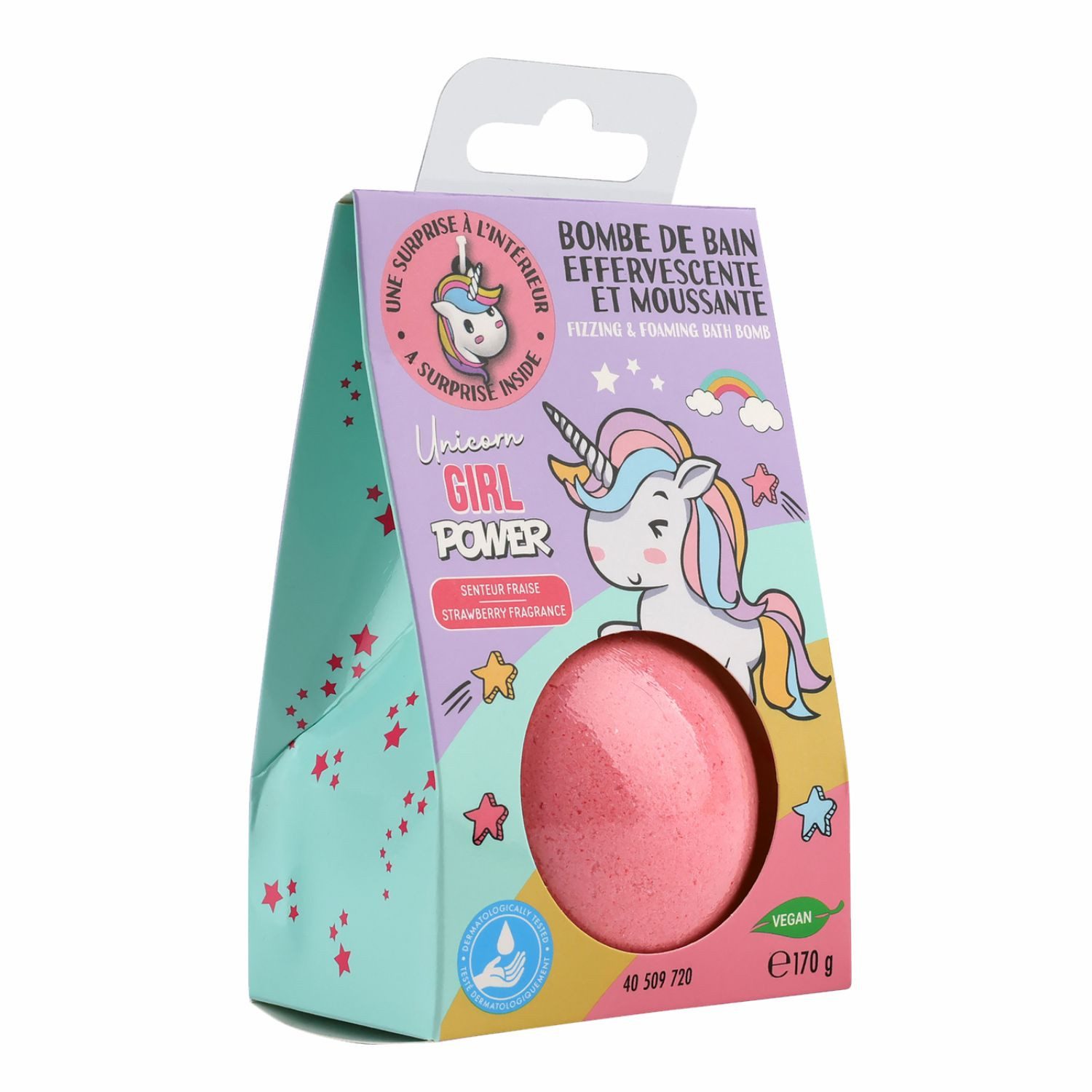 HF Home Flair Badekugel 1x Einhorn Badebombe - große Badekugel mit Überraschung, 1-tlg., rosa Einhorn Badekugel - Erdbeerduft - Vegan- 170g