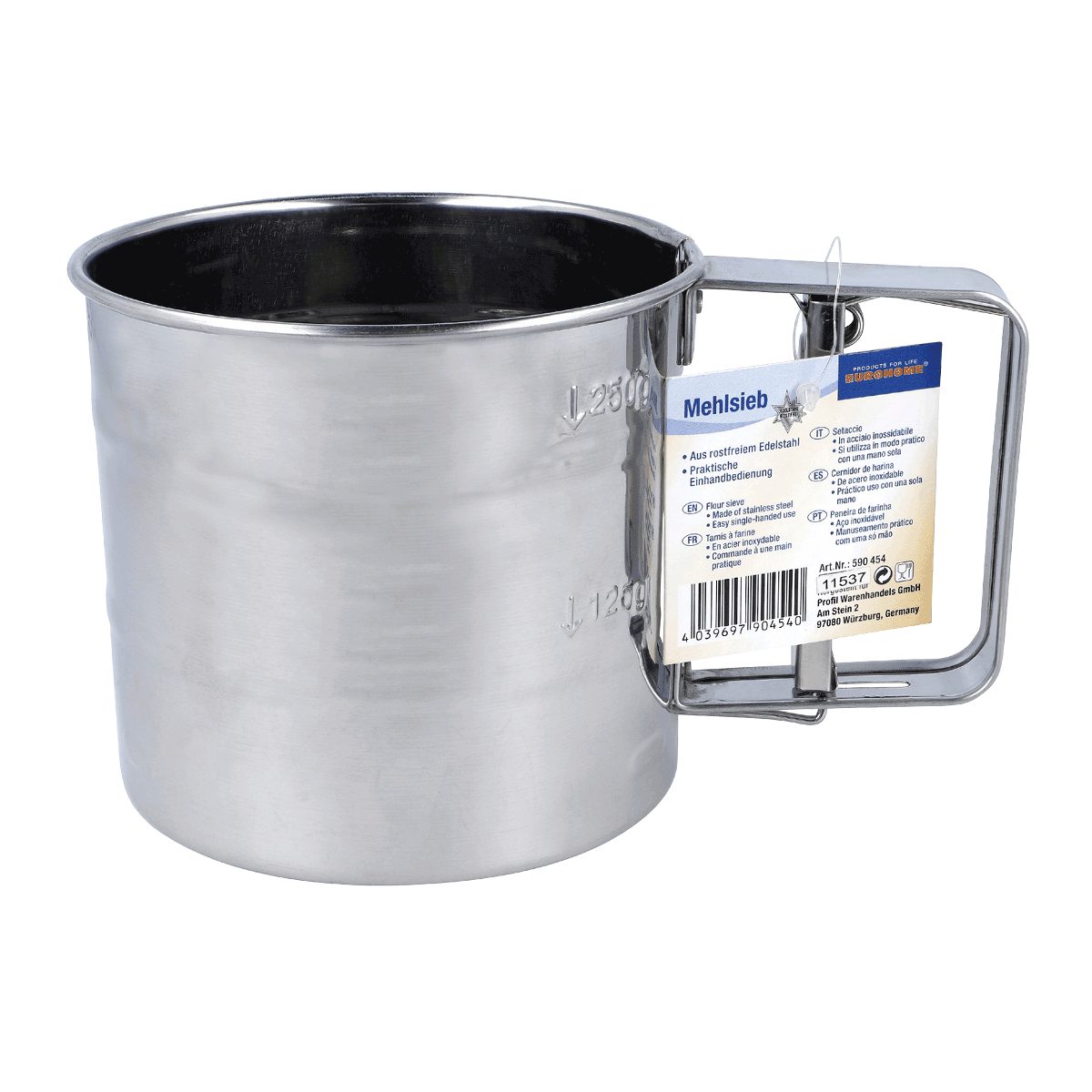 EUROHOME Küchensieb Einhand Mehlsieb aus rostfreiem Edelstahl - Backsieb, Edelstahl, (1-St., Küchensieb Durchmesser 10 cm & Höhe 9 cm), Sieb mit Skala - Backsieb spülmaschinenfest