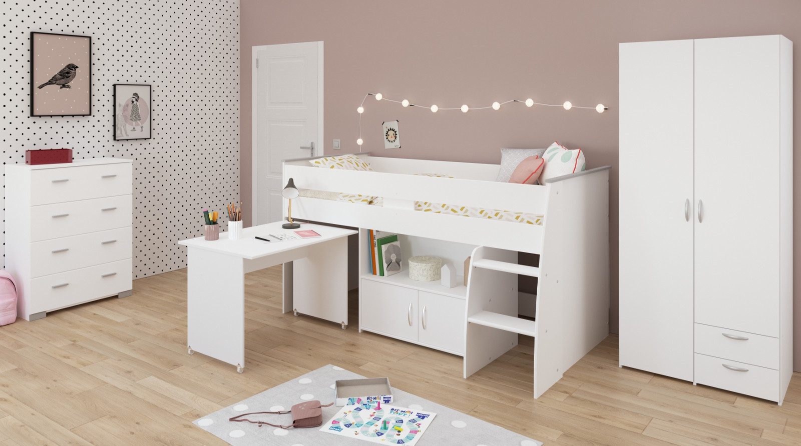 Parisot Jugendzimmer-Set Releave, (Kinderzimmer in weiß mit Hochbett, Schreibtisch, Kommode und Kleiderschrank), kein Lattenrost erforderlich