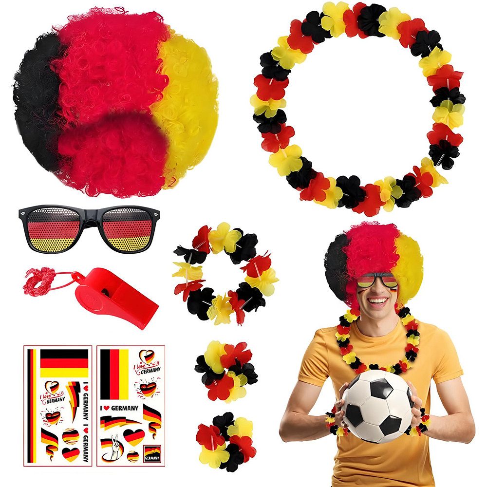 AFKSMILE Business-Kostüm Deutschland Fanartikel,9-tlg Fanpaket EM Fußball,WM 2026 FanartikelSet, EM Deko D-eutschland Set Perücke Brille Girlanden Aufkleber und Pfeife