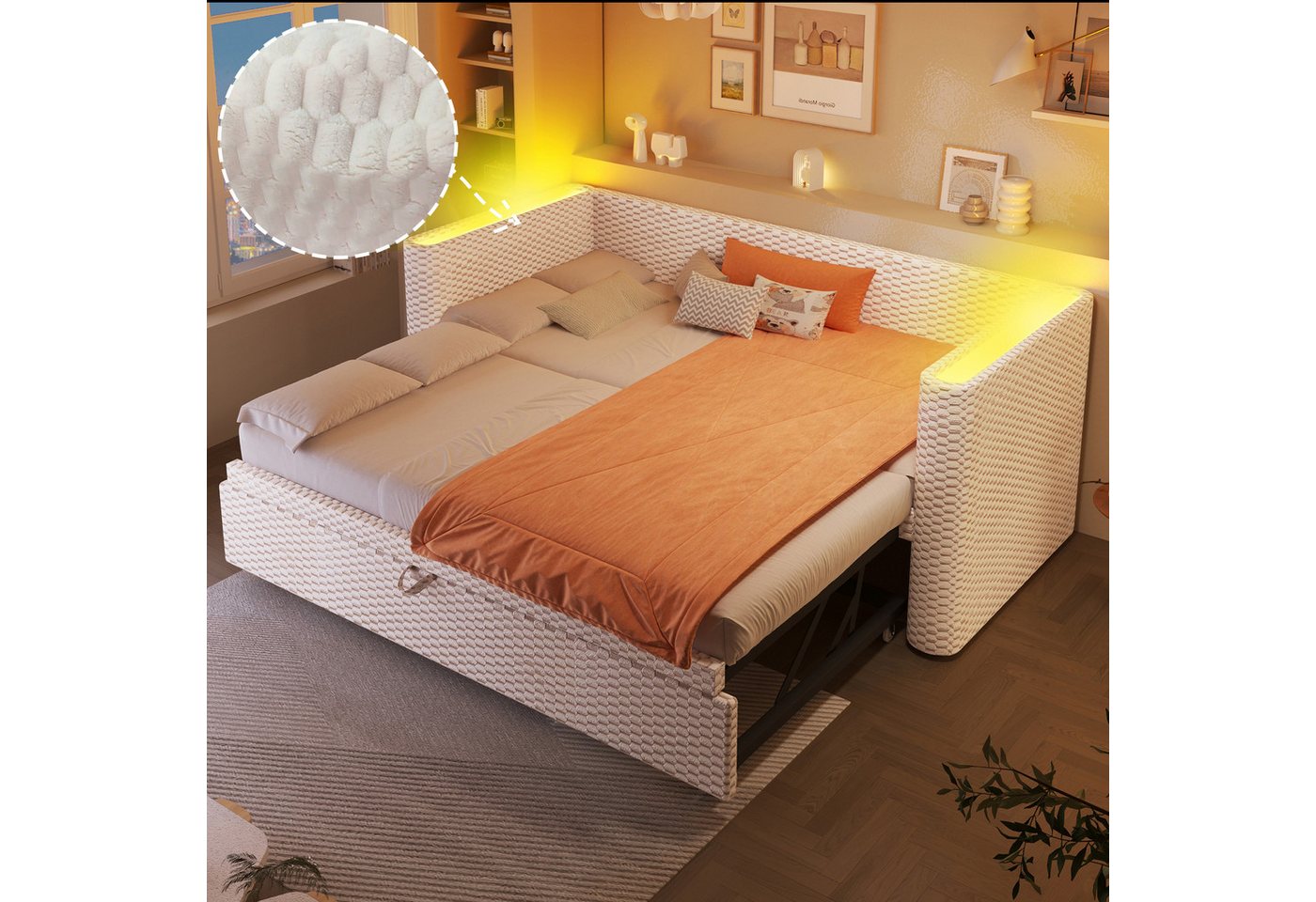 Flieks Daybett, LED Polsterbett Kinderbett Schlafsofa 90/180×200cm mit Ausziehbett