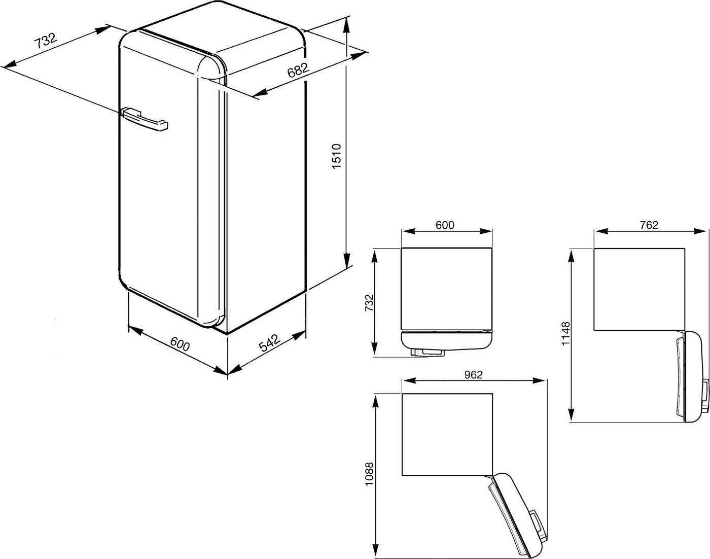 Kühlschrank 60 Smeg breit 150 cm hoch, FAB28LYW5, cm