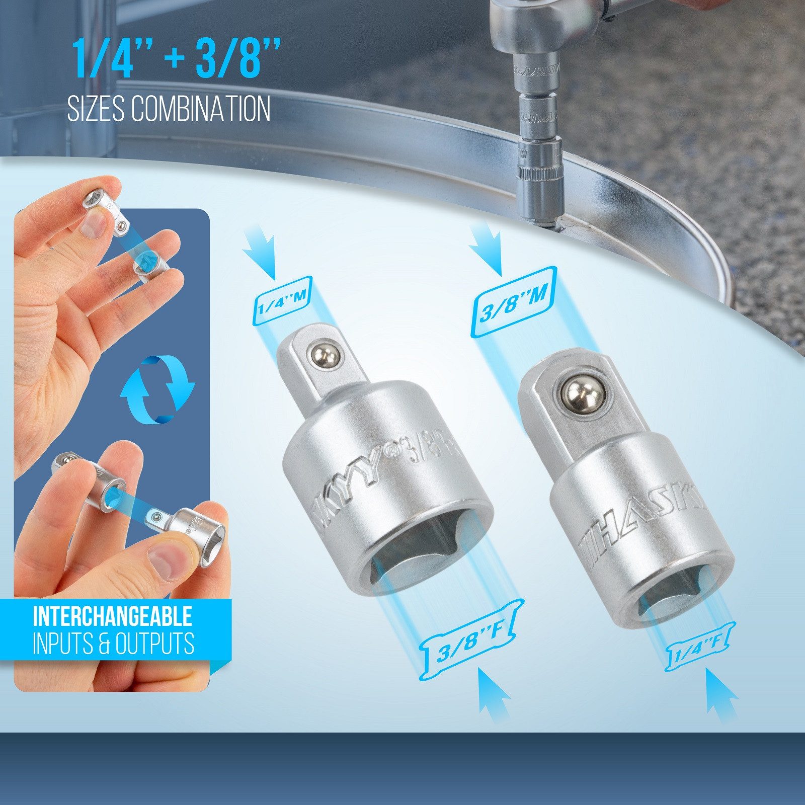 HASKYY Bit- und Steckschlüsselset Stecknuss Adapter Set 7tlg. Reduzierstück 1/4" 3/8" 1/2" 3/4" & Bit – Bild 3 von 5